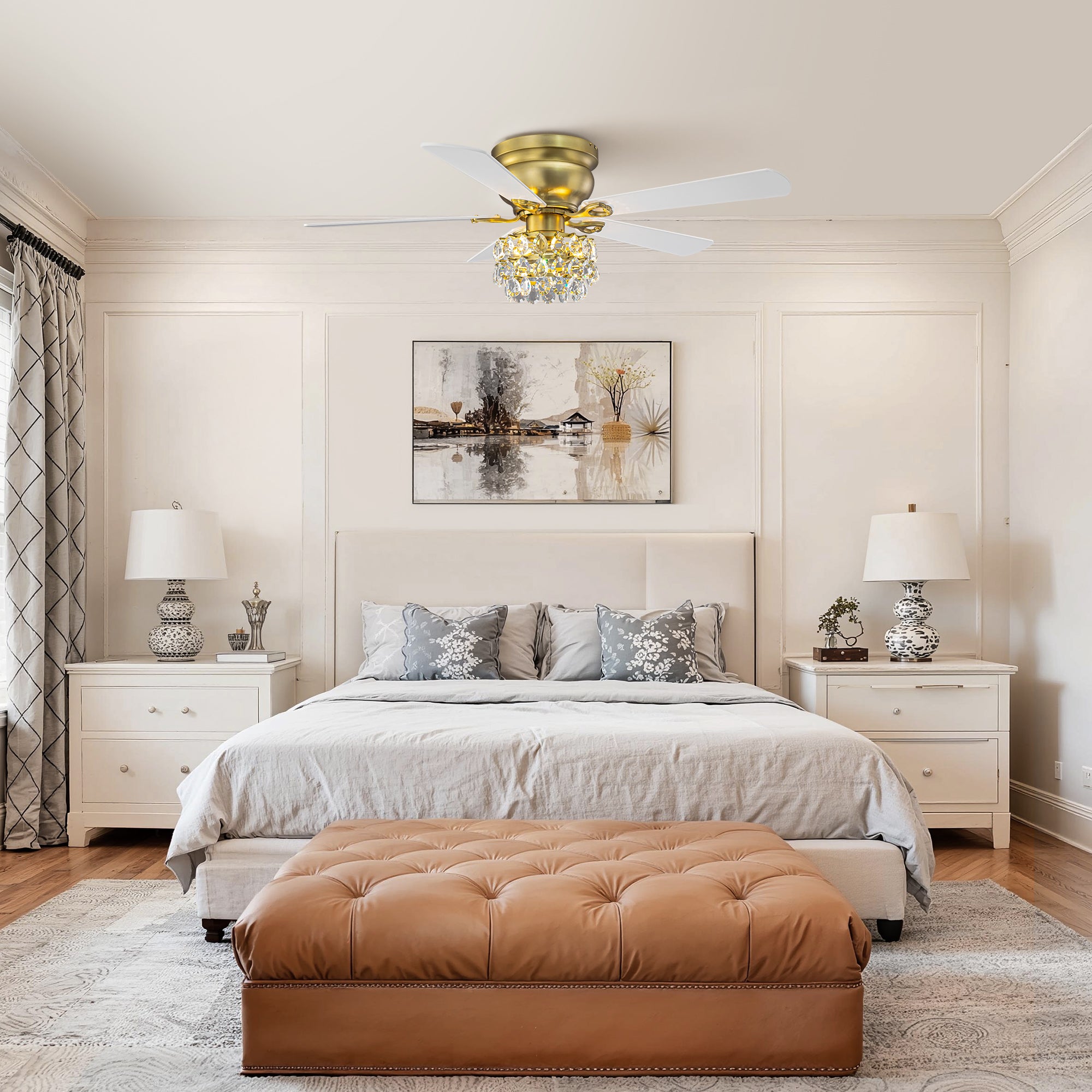 48 Inch Soft Brass Crystal Ornament Flush Mount Ceiling Fan with Light and Remote Control