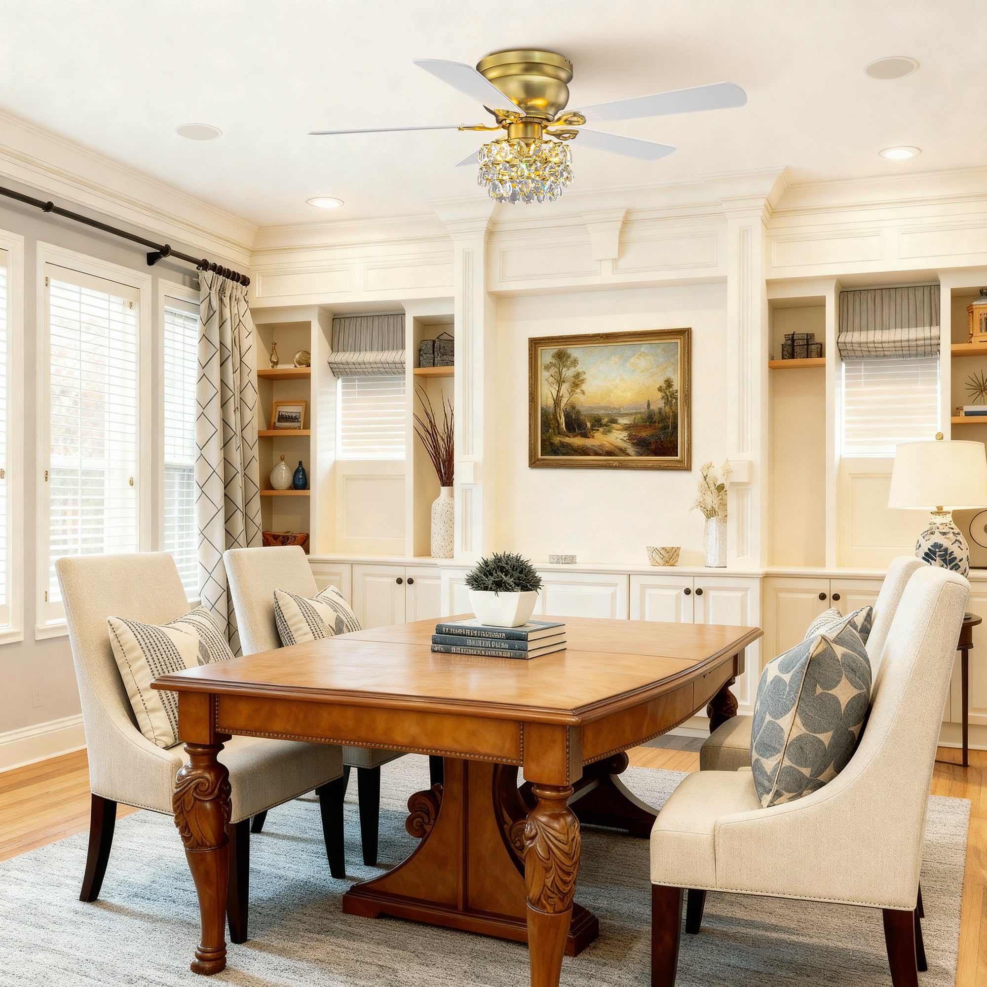 48 Inch Soft Brass Crystal Ornament Flush Mount Ceiling Fan with Light and Remote Control