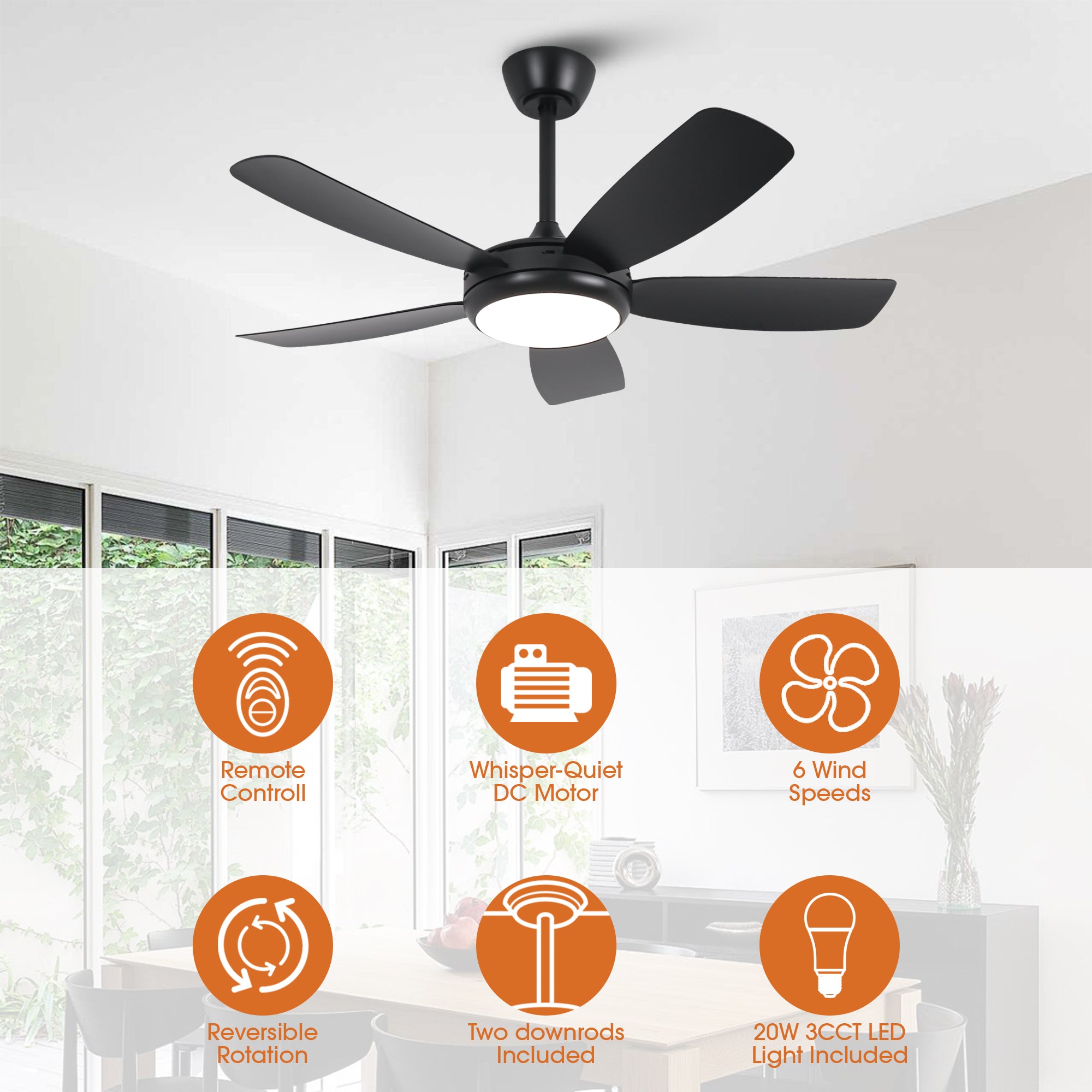 42 Inch Gladys Modern Black LED Ceiling Fan with Remote Control