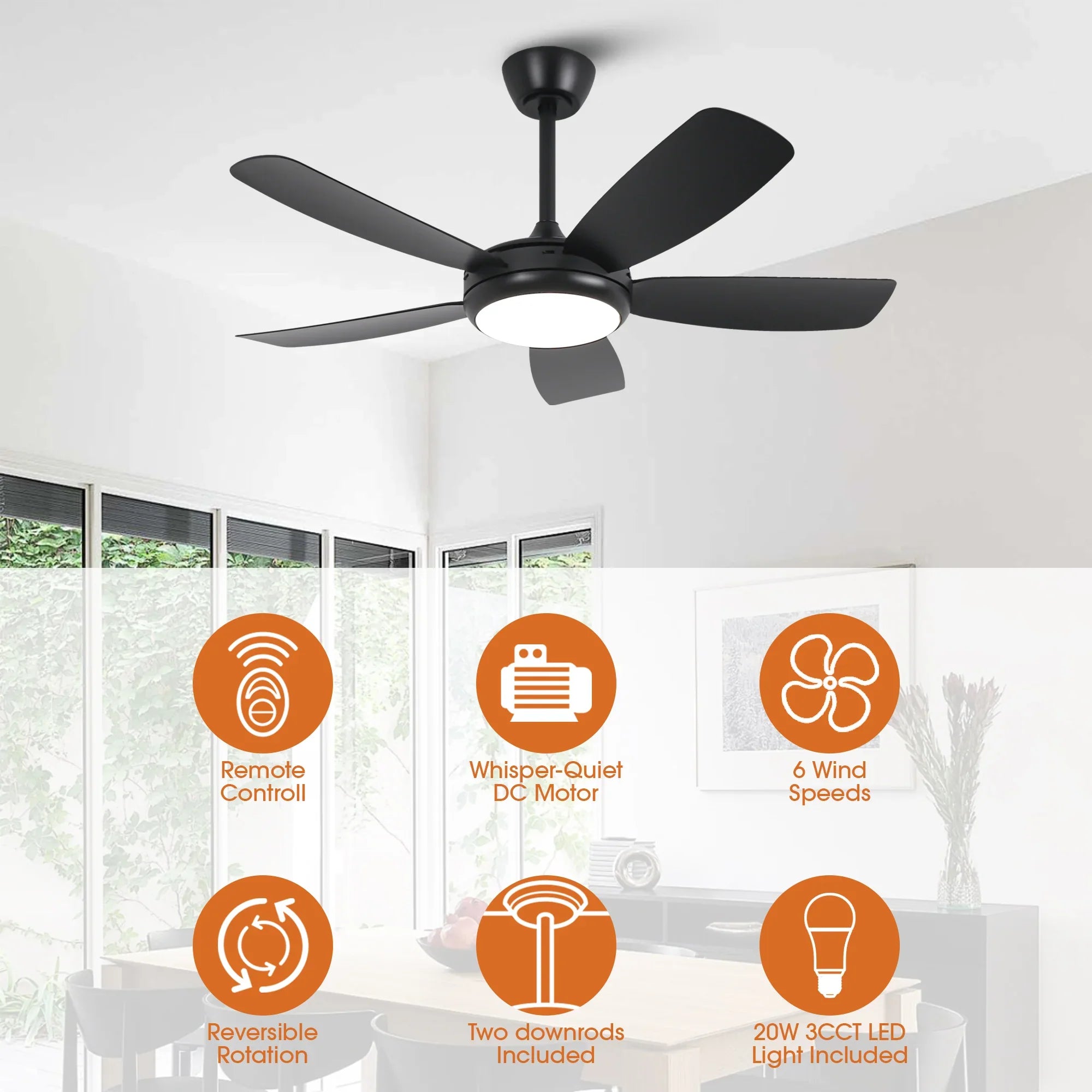 42 Inch Gladys Modern Black LED Ceiling Fan with Remote Control