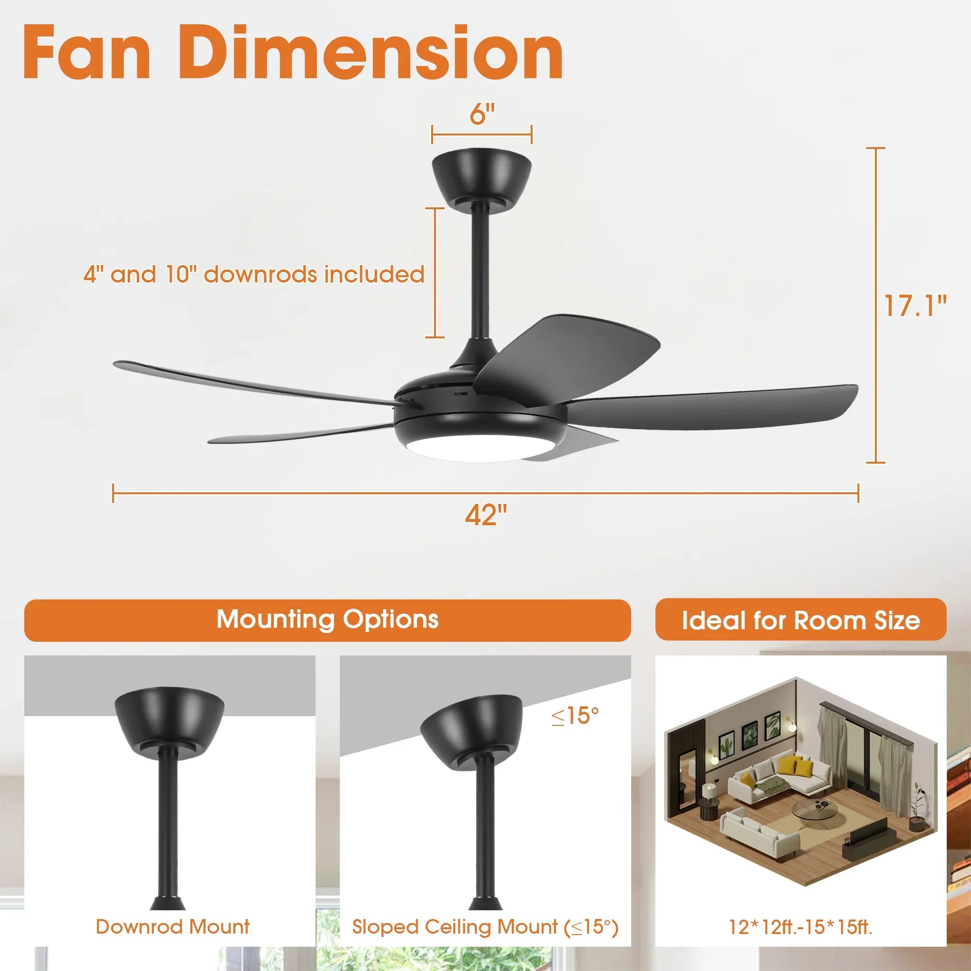 42 Inch Gladys Modern Black LED Ceiling Fan with Remote Control