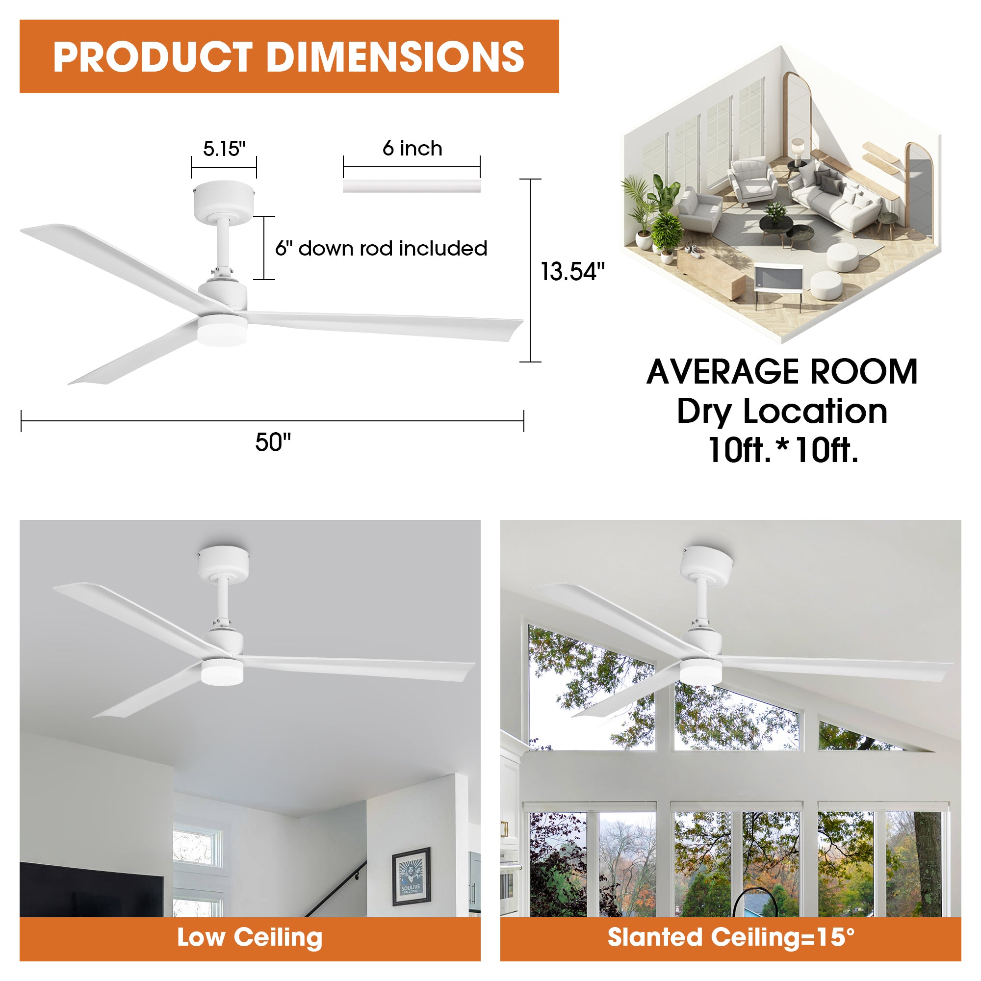 50 Inch Rae Modern Downrod Mount LED Ceiling Fan with Remote Control