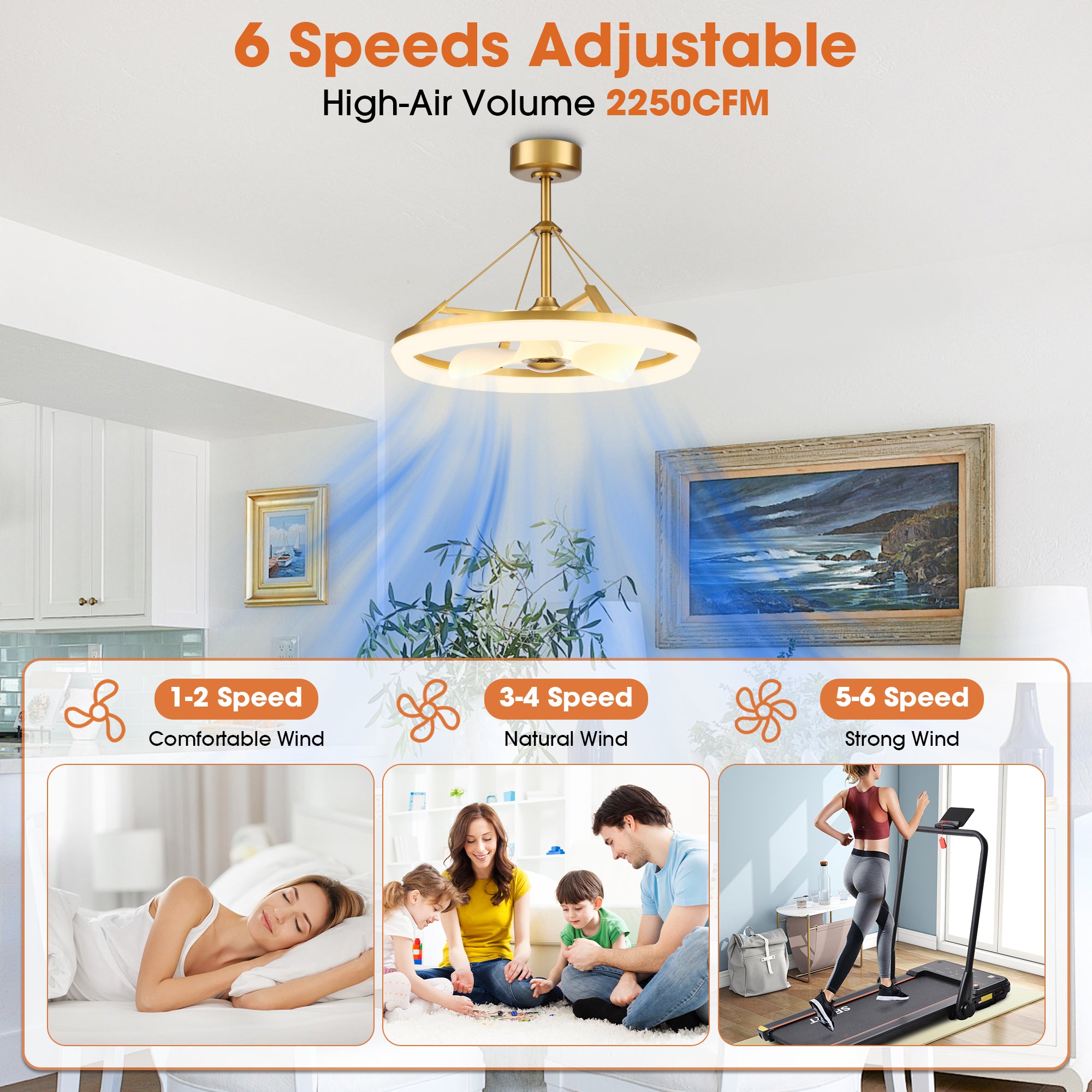 30 Inch Mona Golden Downrod Mount Fandelier with Remote Control