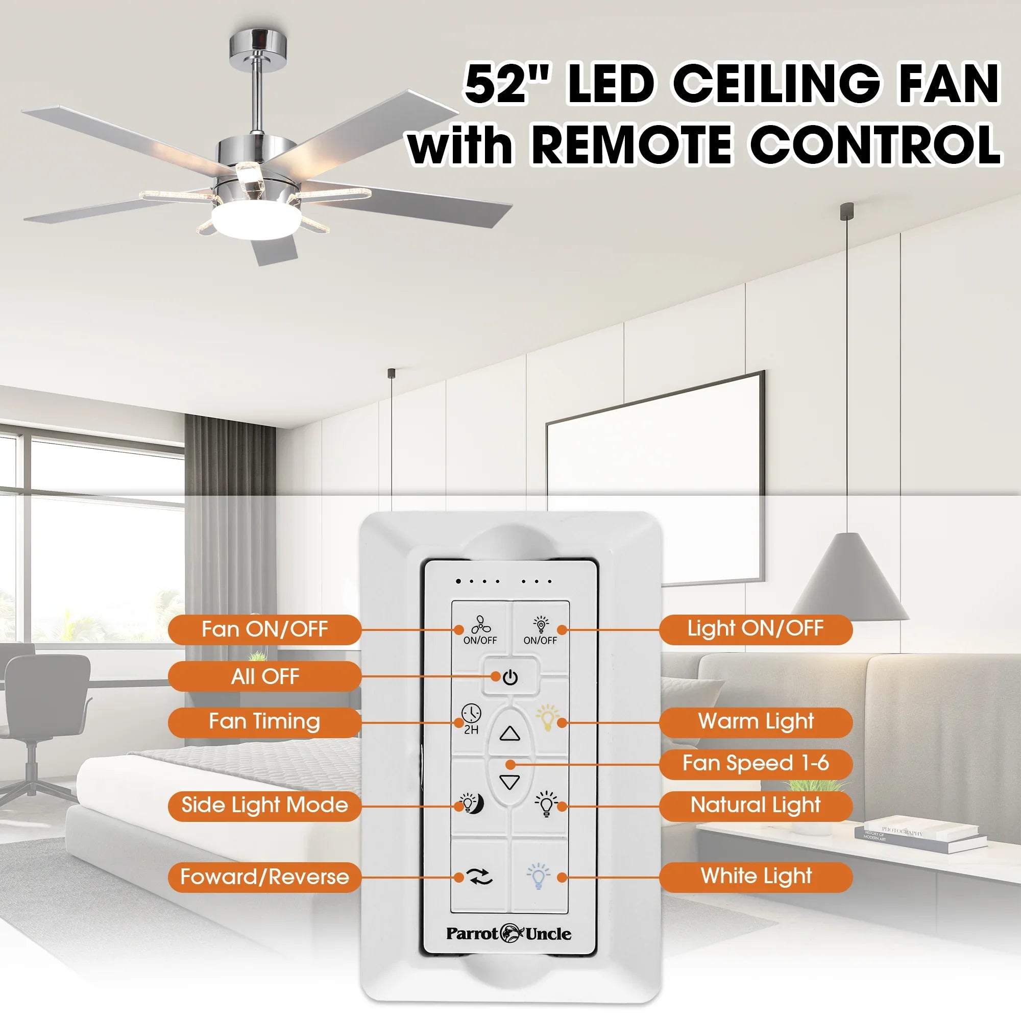 52 Inch Double-sided Blades Modern Downrod Mount Ceiling Fan with Main/Side LED Light