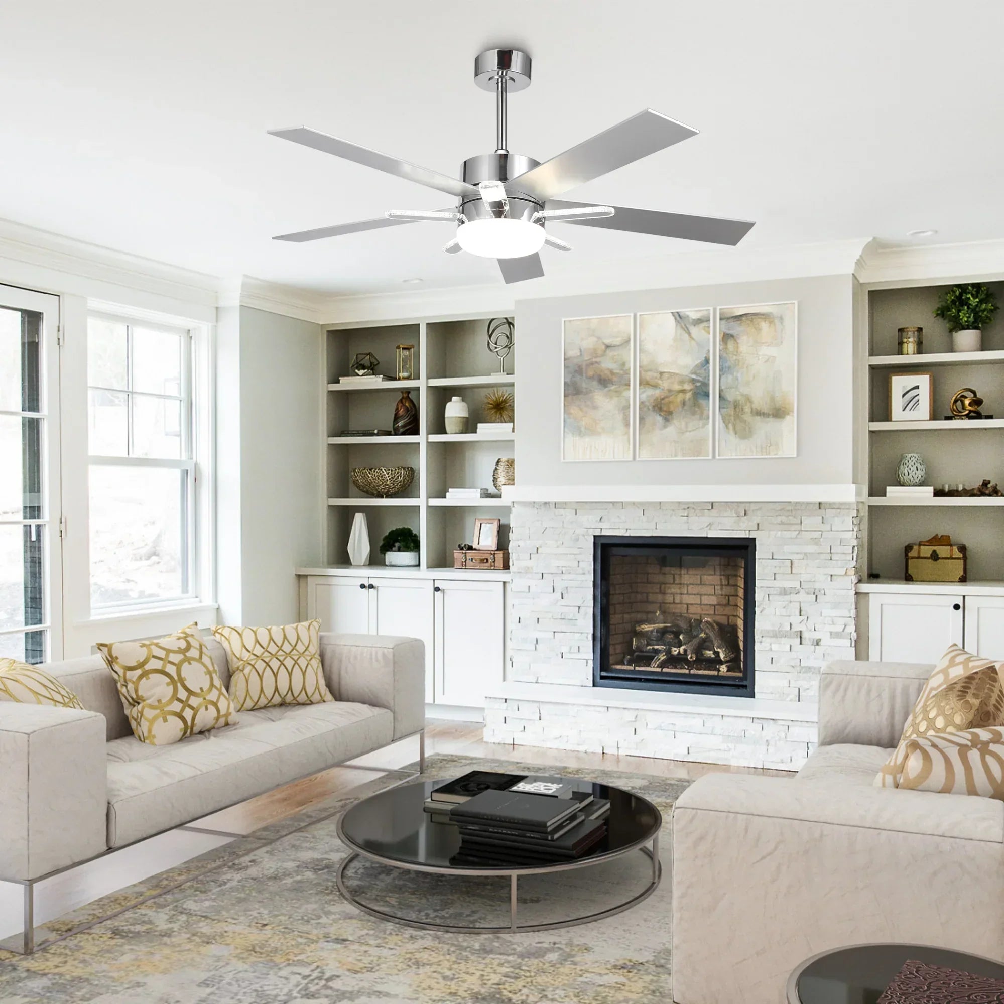 52 Inch Double-sided Blades Modern Downrod Mount Ceiling Fan with Main/Side LED Light