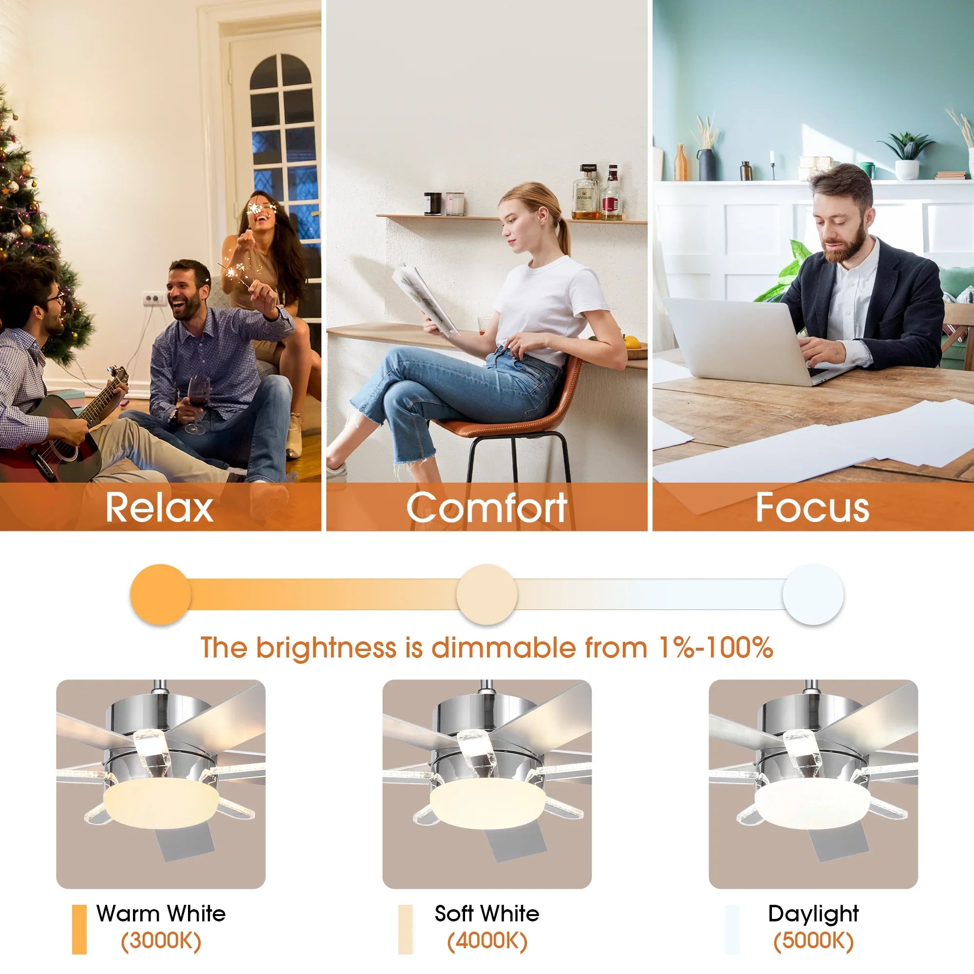 52 Inch Double-sided Blades Modern Downrod Mount Ceiling Fan with Main/Side LED Light