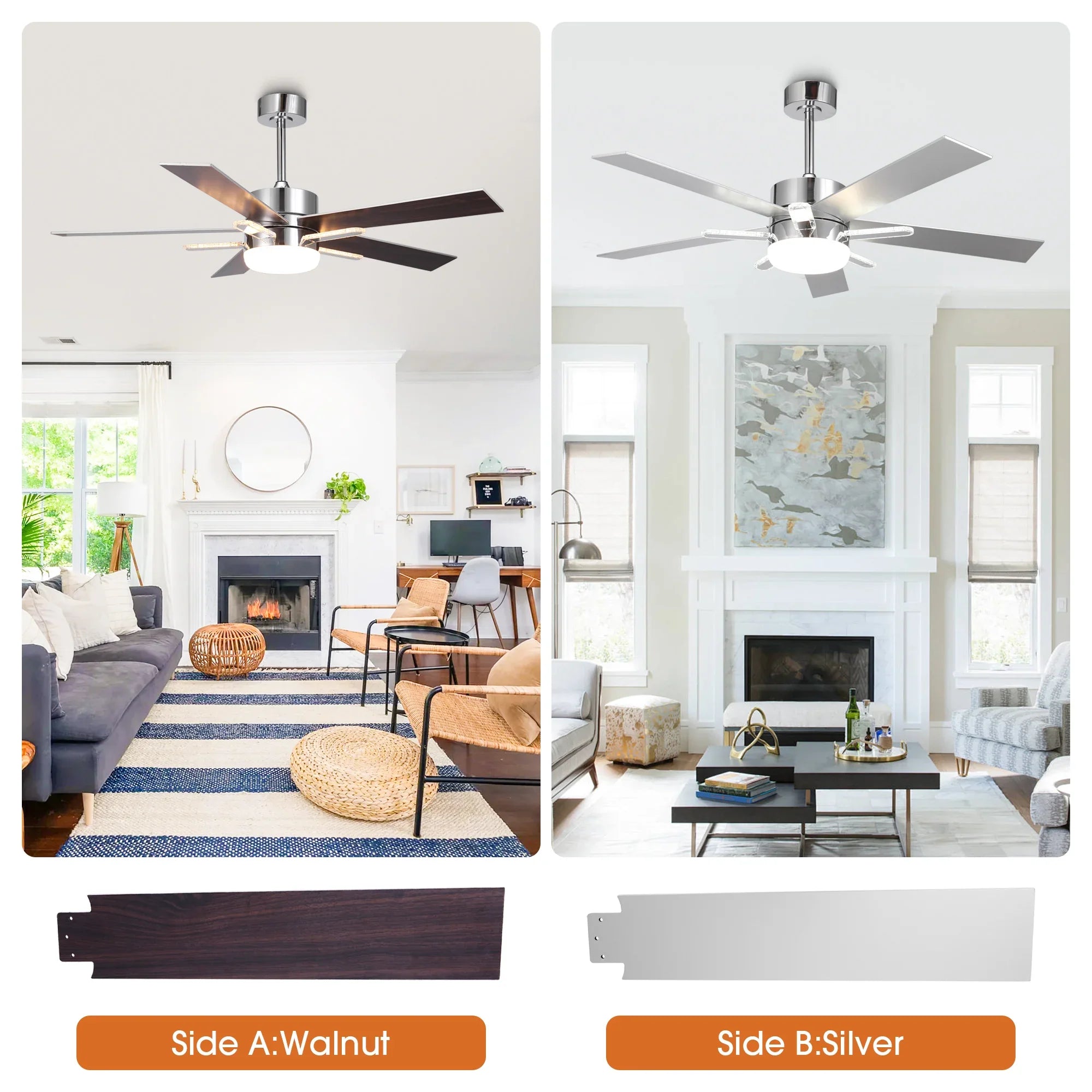 52 Inch Double-sided Blades Modern Downrod Mount Ceiling Fan with Main/Side LED Light