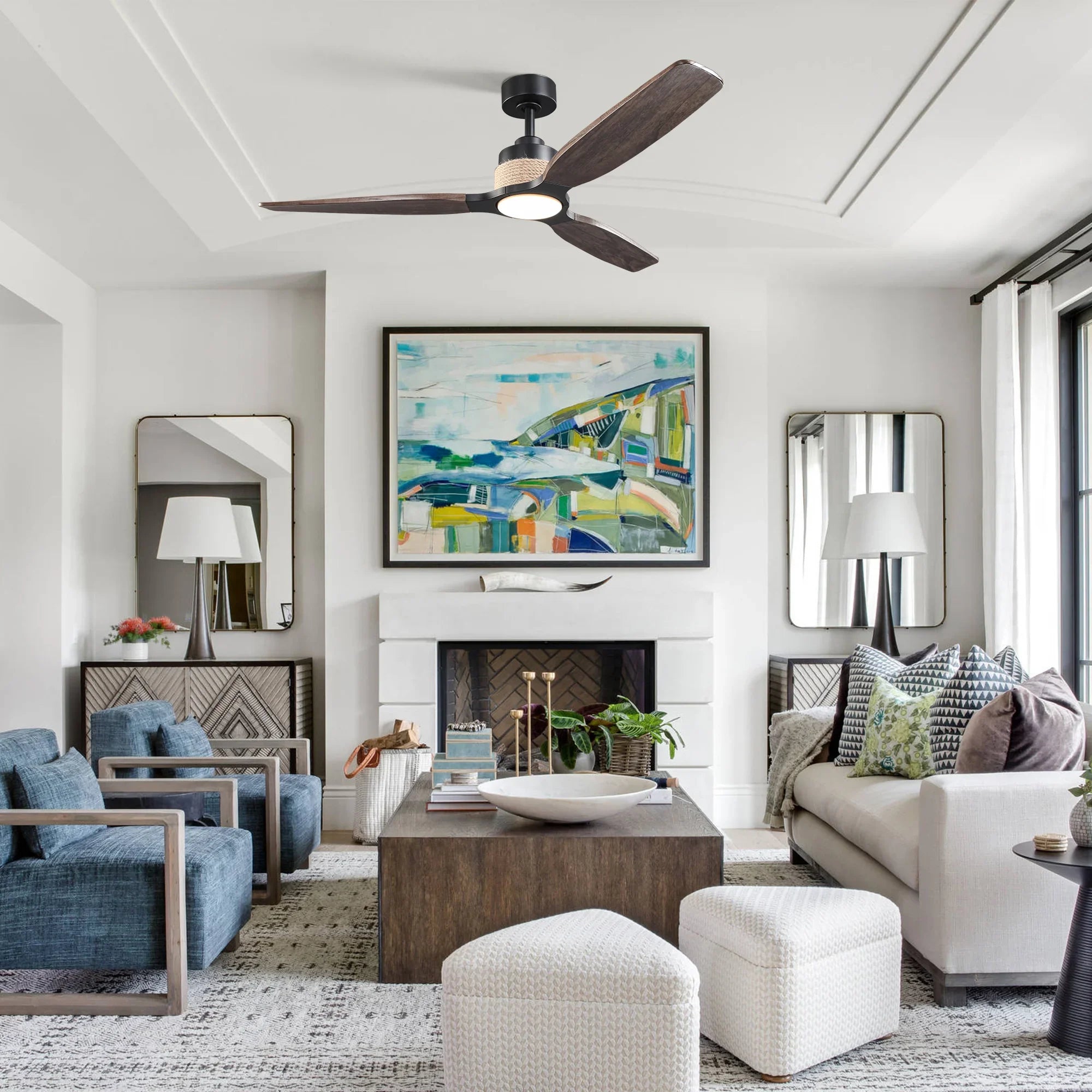 56 Inch Louise Downrod Mount LED Wood Blades Ceiling Fan with Remote Control