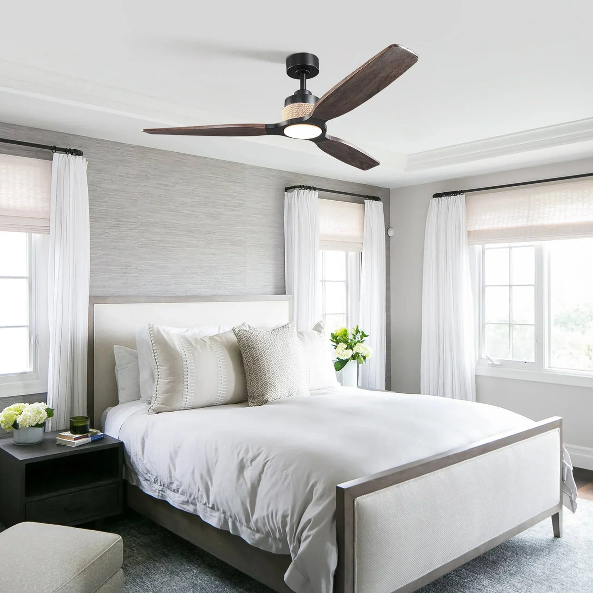 56 Inch Louise Downrod Mount LED Wood Blades Ceiling Fan with Remote Control