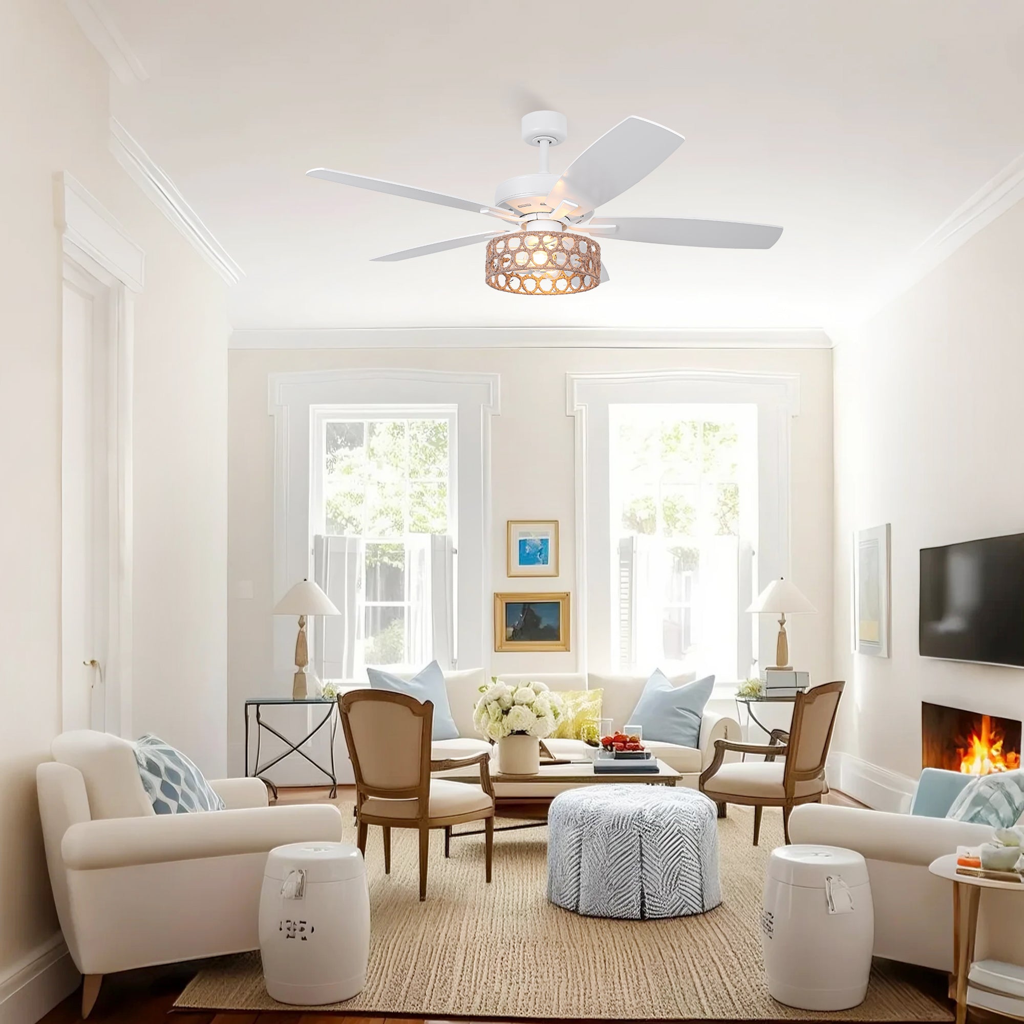 52 Inch Harriet White Farmhouse Ceiling Fan with Light and Remote Control