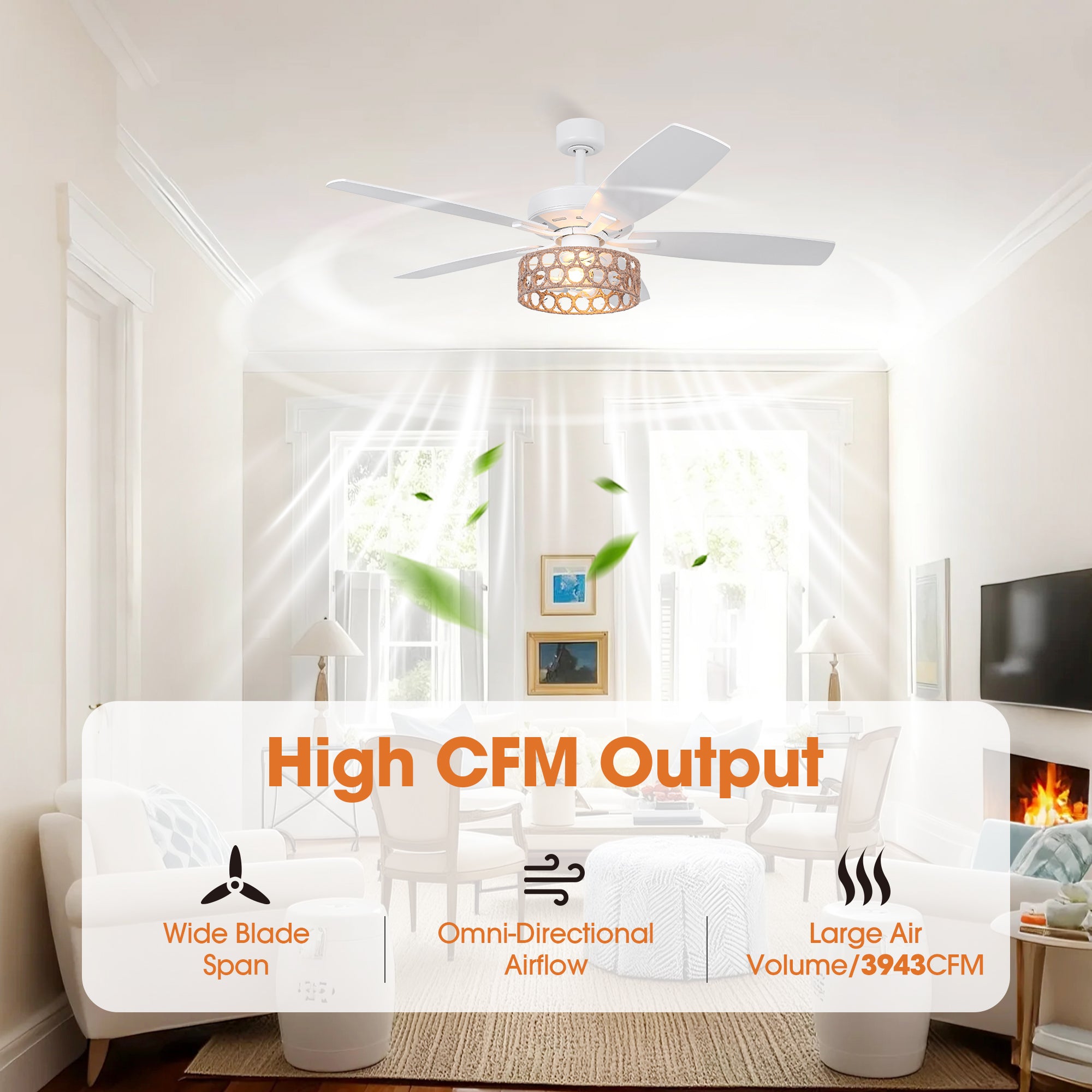 52 Inch Harriet White Farmhouse Ceiling Fan with Light and Remote Control
