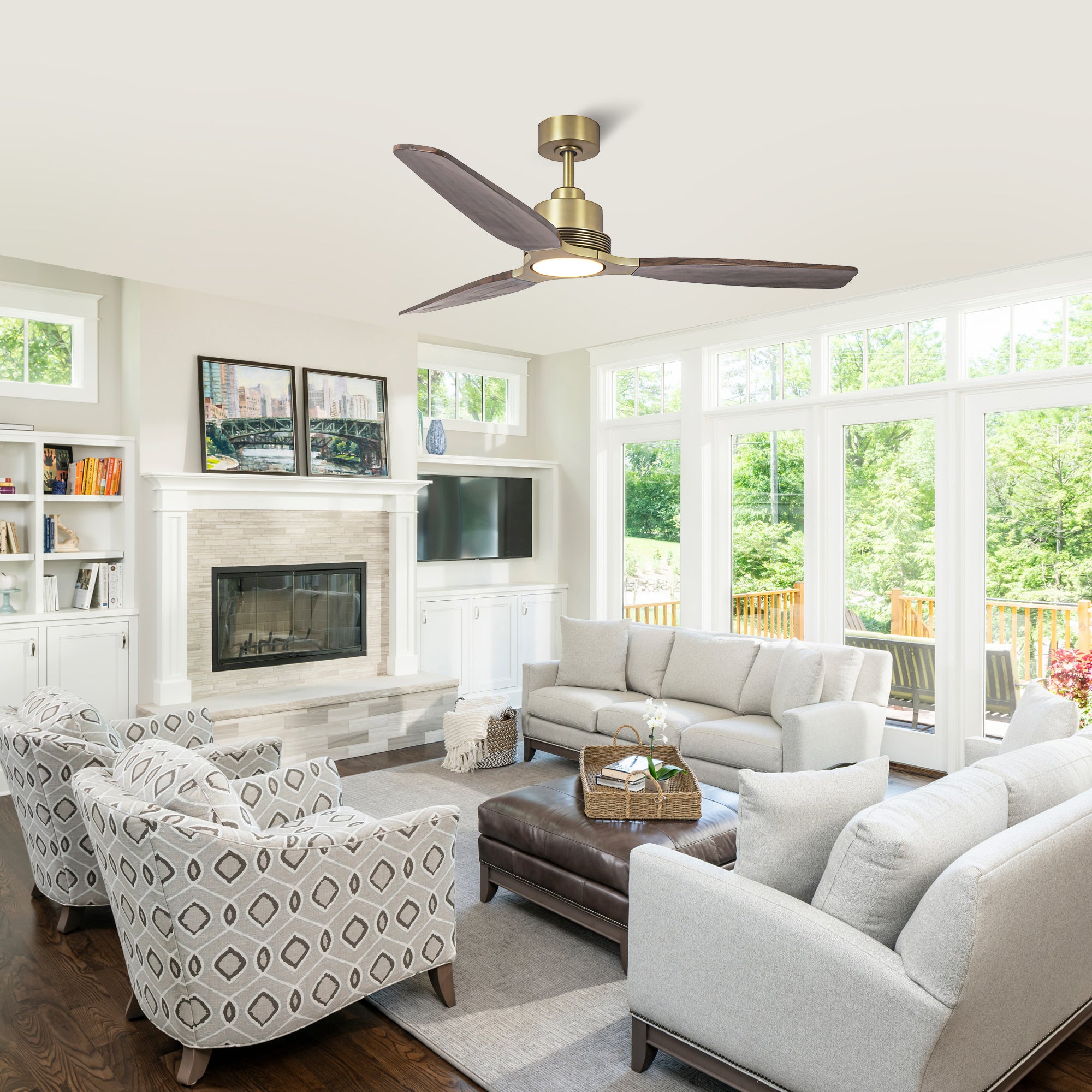 56 Inch Soft Brass Solid Wood Blades LED Ceiling Fan with Remote Control