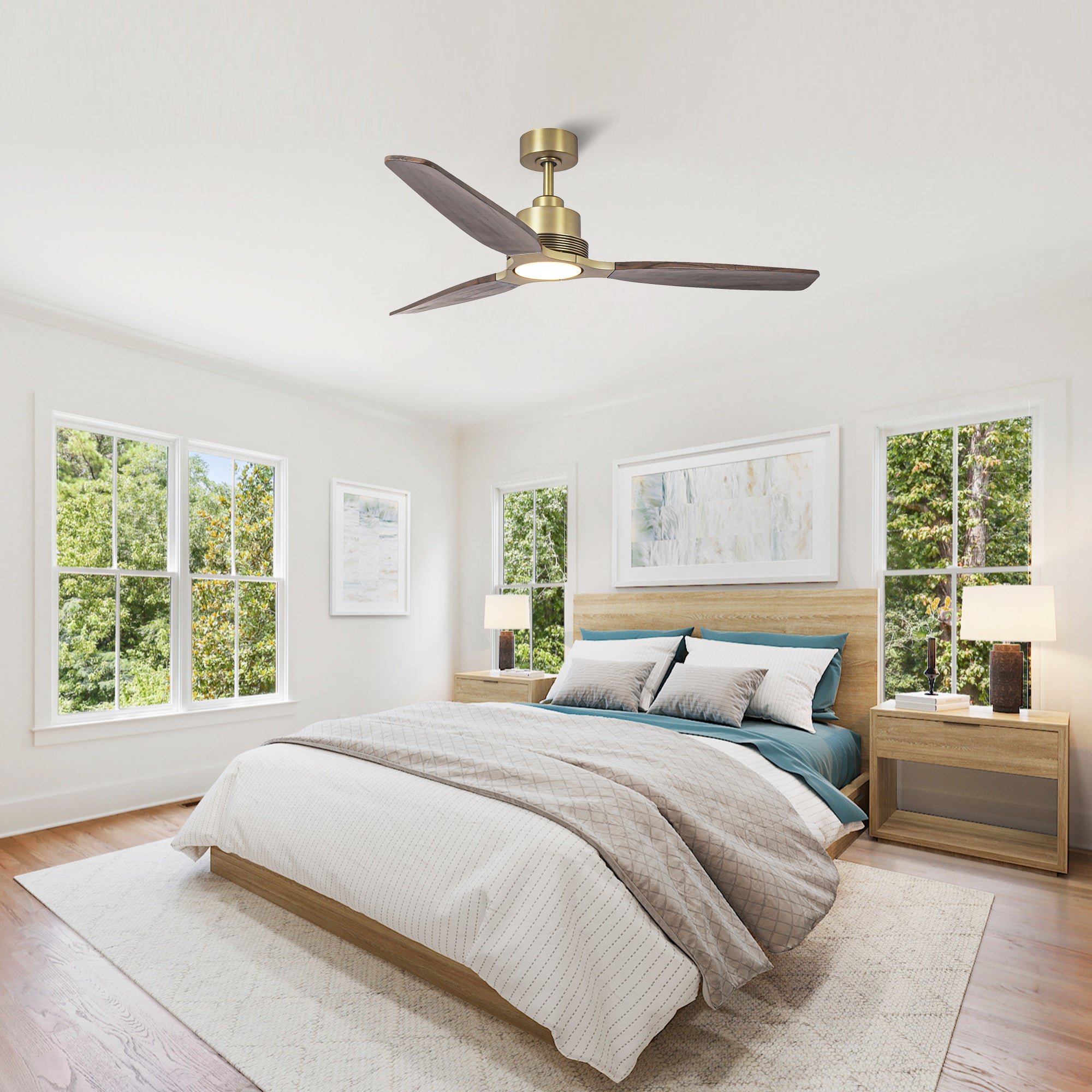 56 Inch Soft Brass Solid Wood Blades LED Ceiling Fan with Remote Control
