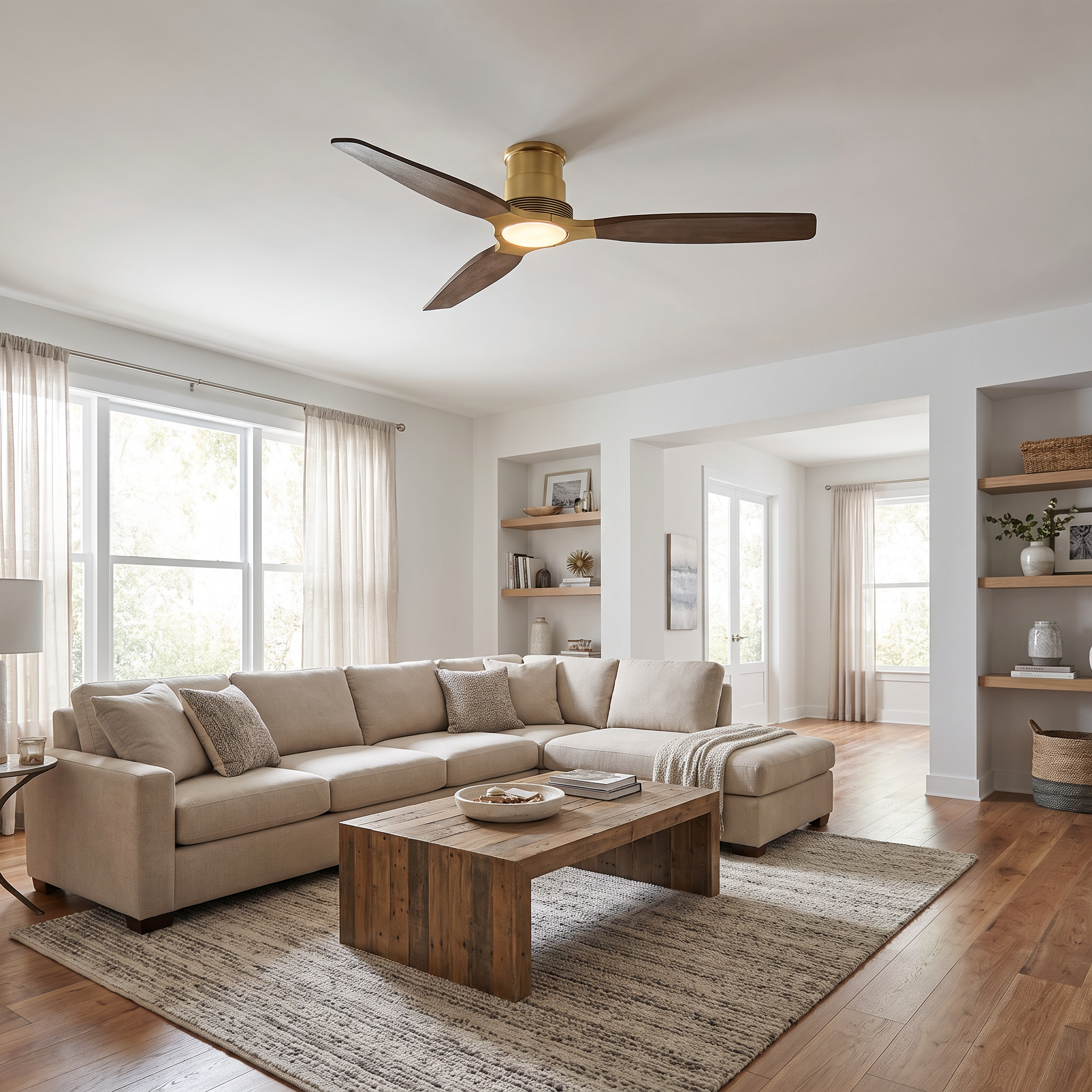 Modern three-blade ceiling fan with gold finish and integrated light fixture.
