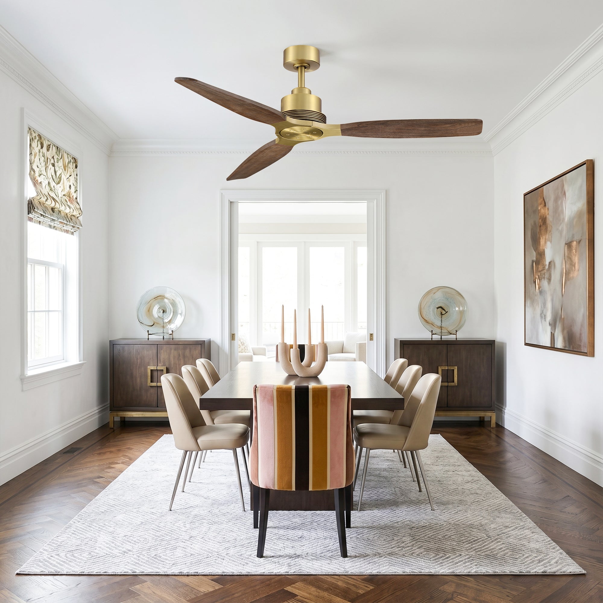 56" Soft Brass Solid Wood Blades Downrod Mount Ceiling Fan