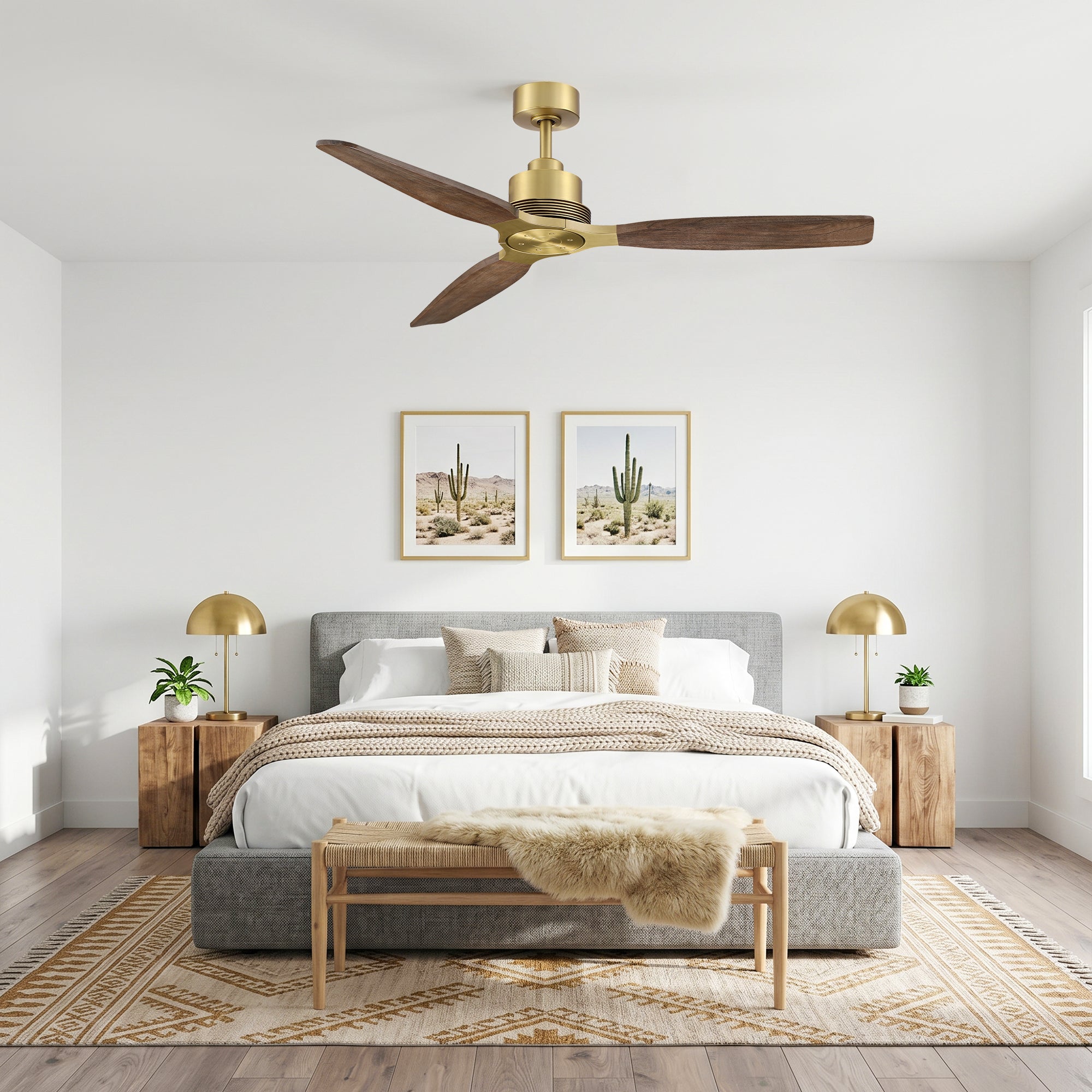 56" Soft Brass Solid Wood Blades Downrod Mount Ceiling Fan