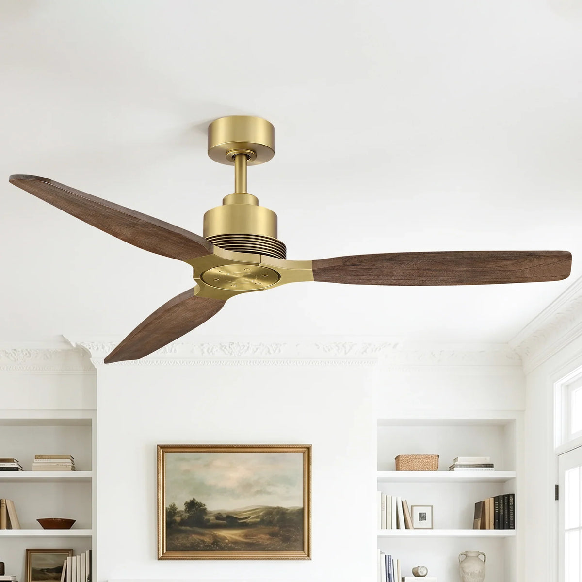 56" Soft Brass Solid Wood Blades Downrod Mount Ceiling Fan