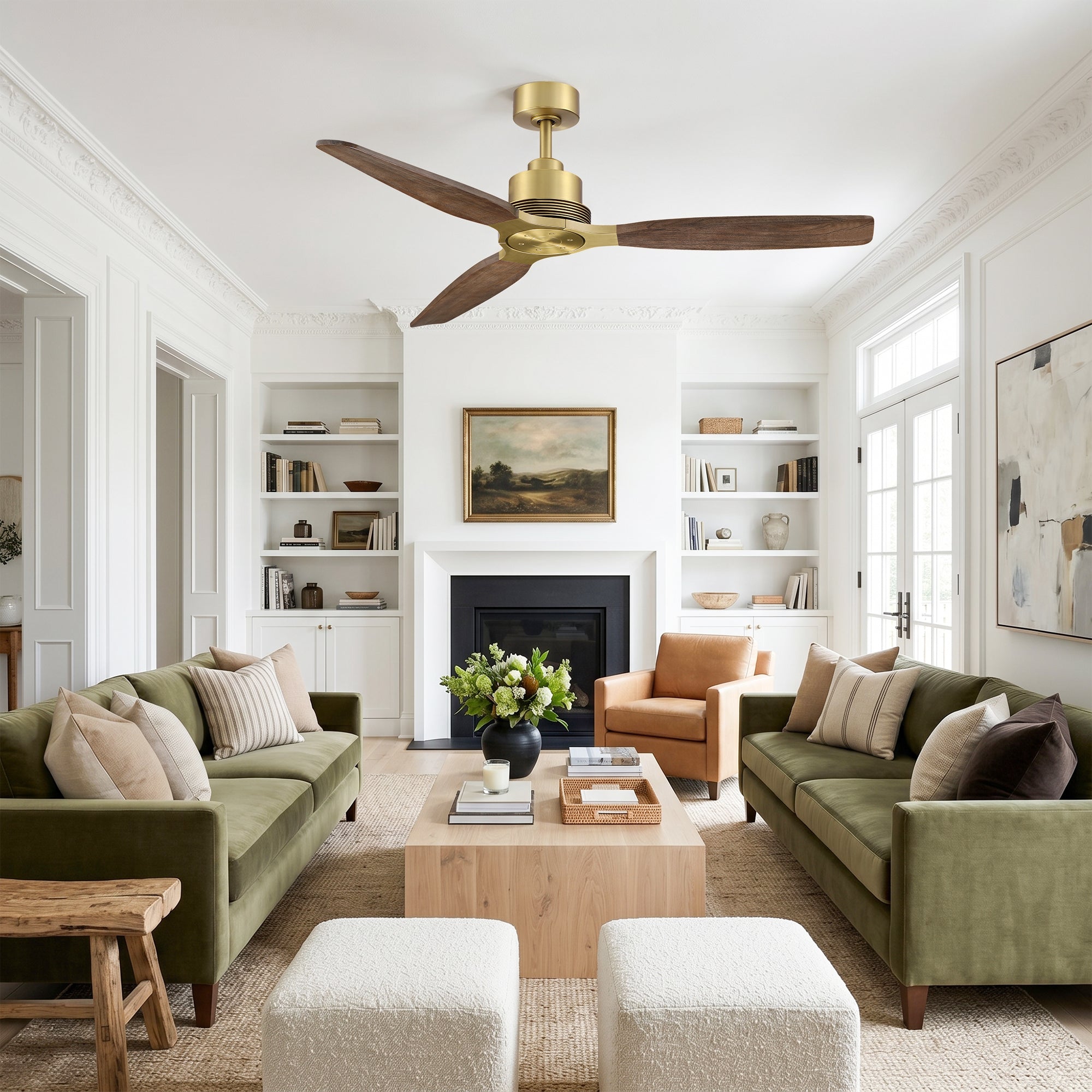 56" Soft Brass Solid Wood Blades Downrod Mount Ceiling Fan
