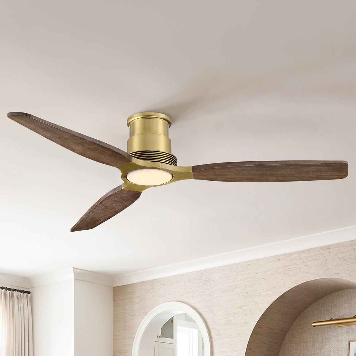 48 Inch Soft Brass Solid Wood Blades Flush Mount Ceiling Fan