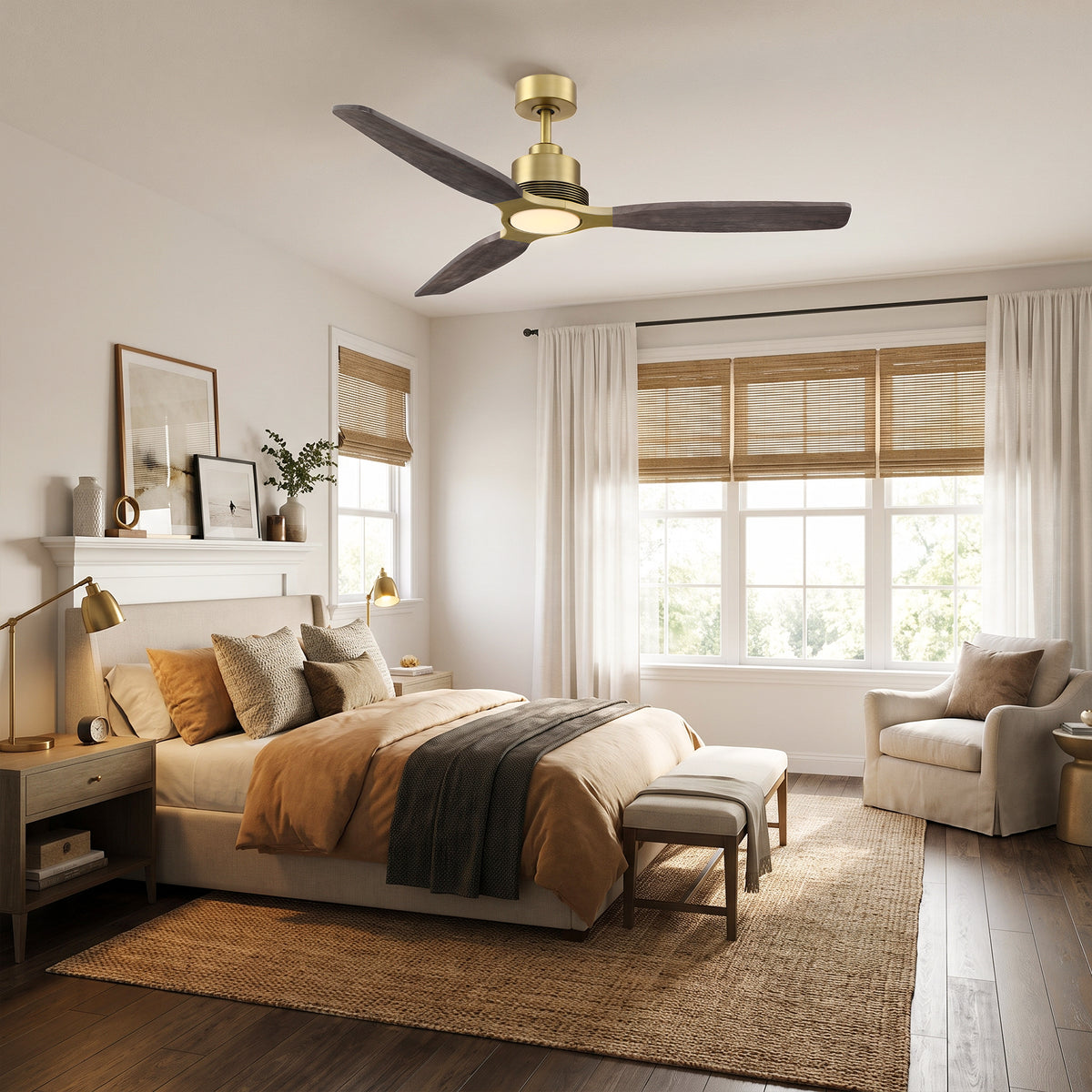 48 Inch Soft Brass Solid Wood Blades Downrod Mount Ceiling Fan