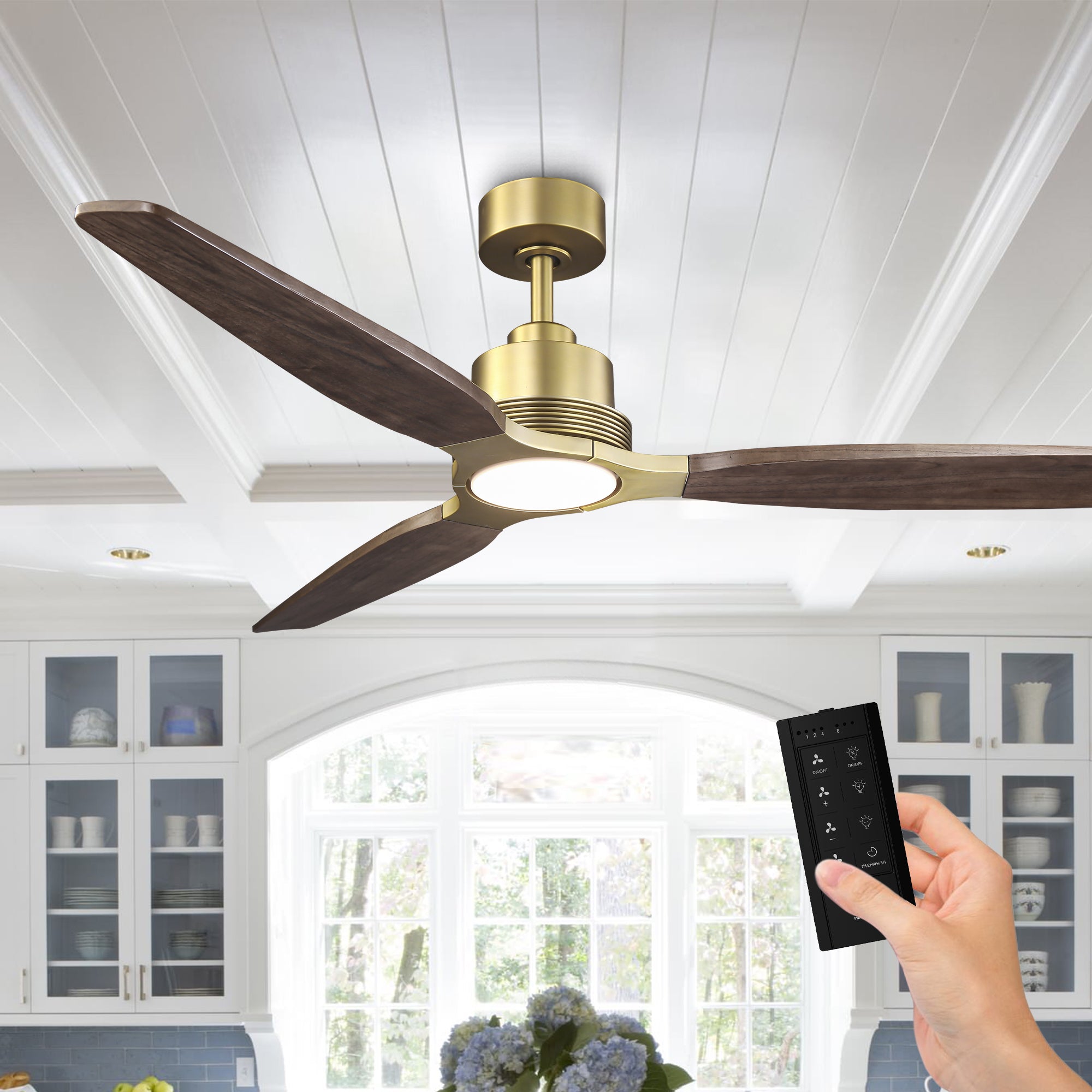 56 Inch Soft Brass Solid Wood Blades LED Ceiling Fan with Remote Control