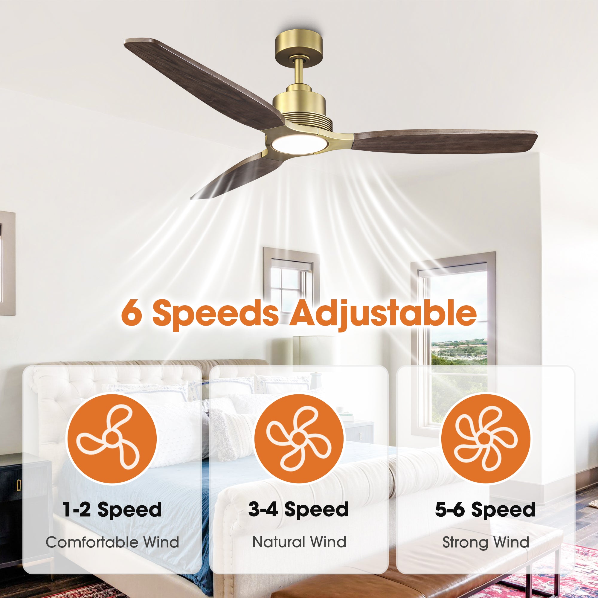 56 Inch Soft Brass Solid Wood Blades LED Ceiling Fan with Remote Control