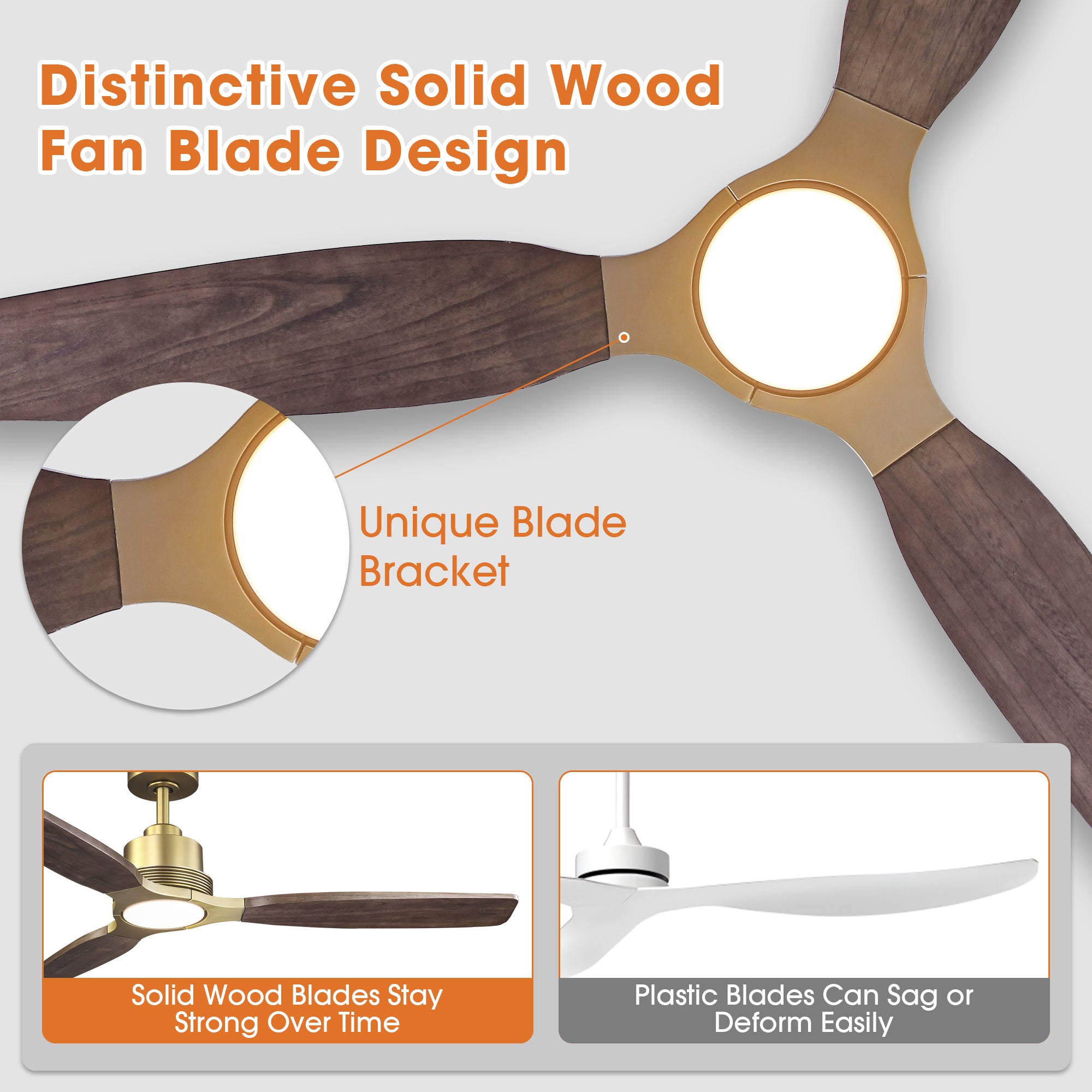 56 Inch Soft Brass Solid Wood Blades LED Ceiling Fan with Remote Control