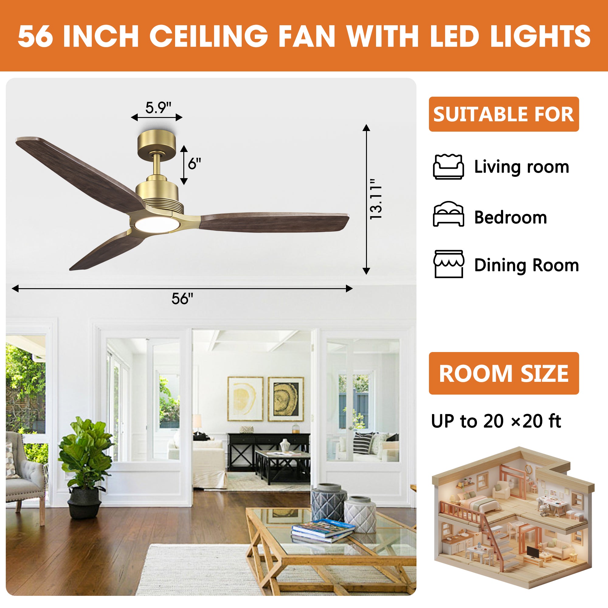 56 Inch Soft Brass Solid Wood Blades LED Ceiling Fan with Remote Control