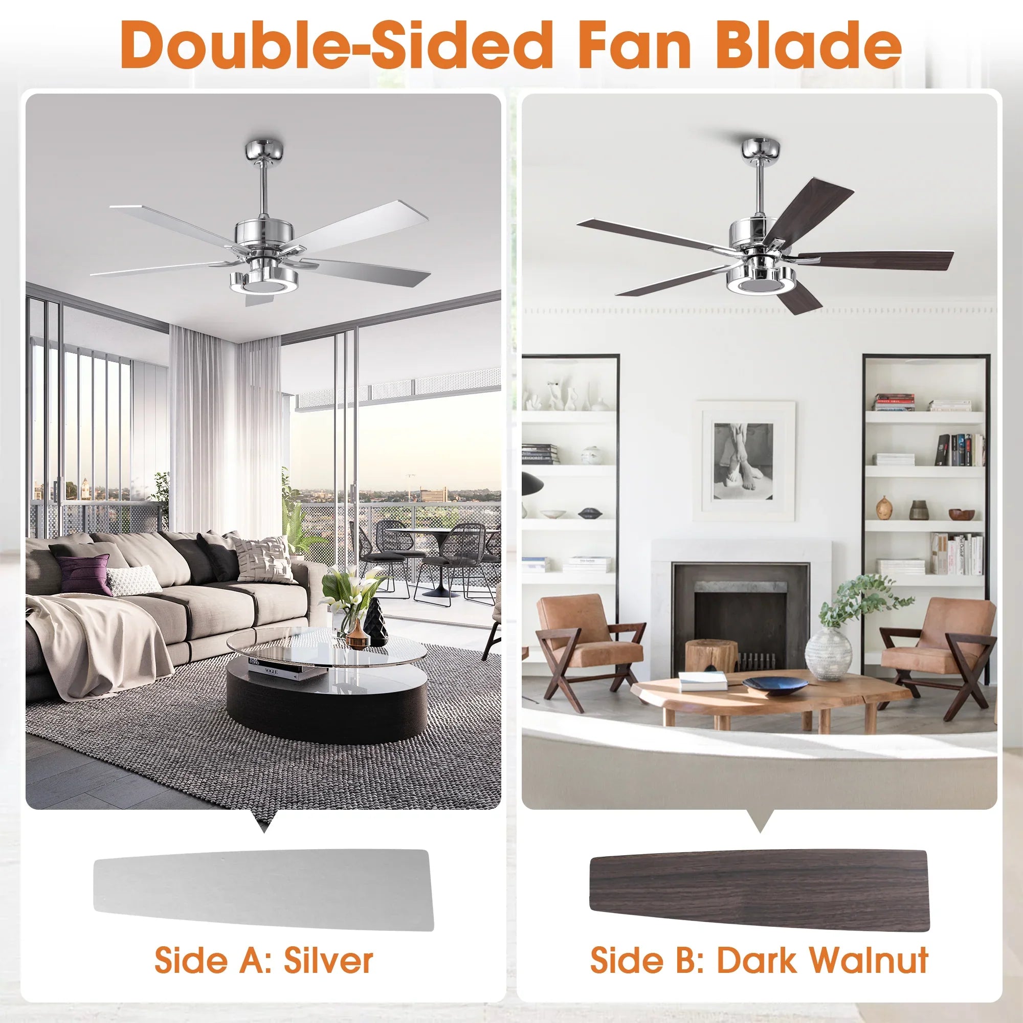 52 Inch Arlen Double-sided Blades Downrod Mount LED Ceiling Fan with Remote Control