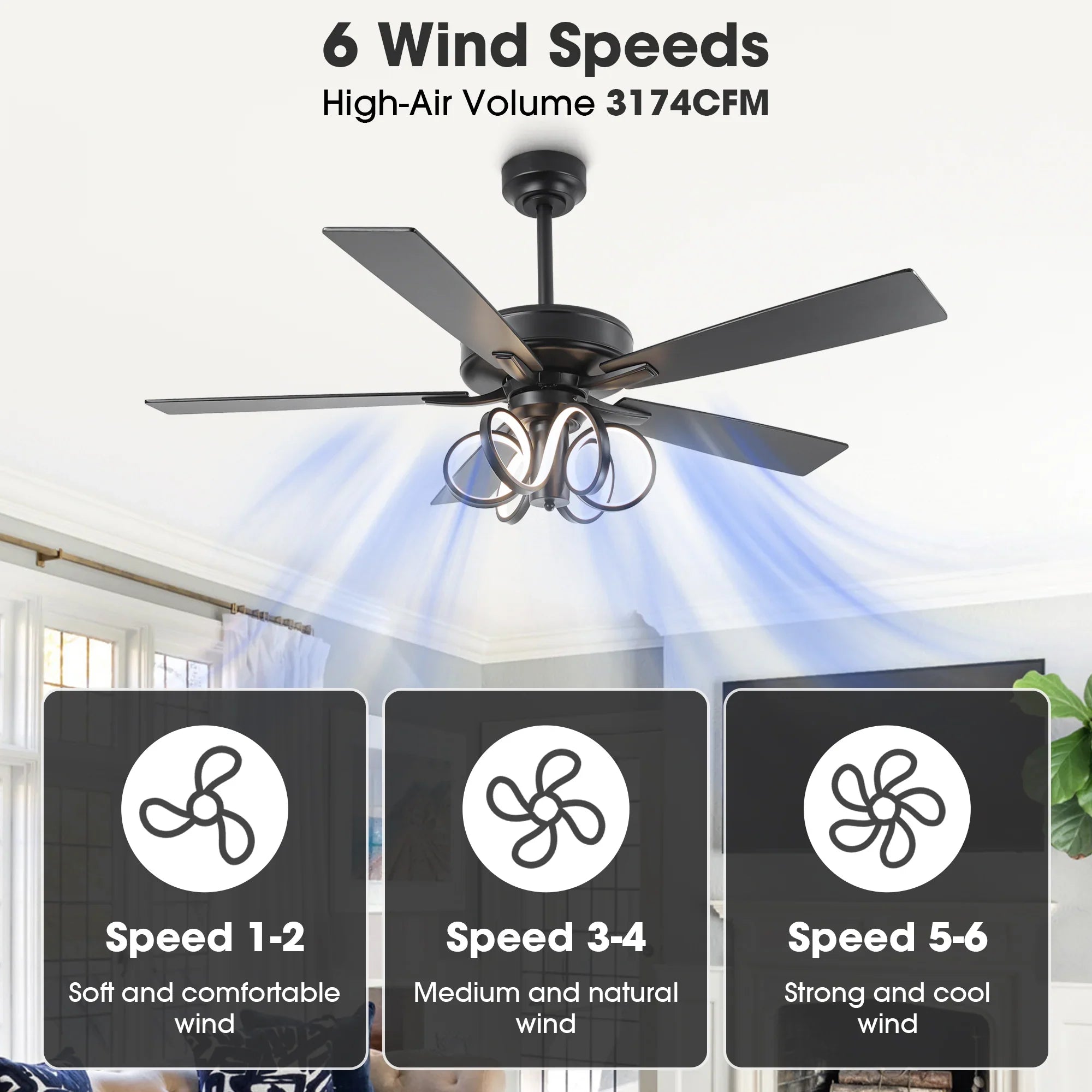 52 Inch Levi Double-sided Blades Downrod Mount LED Ceiling Fan with Remote Control