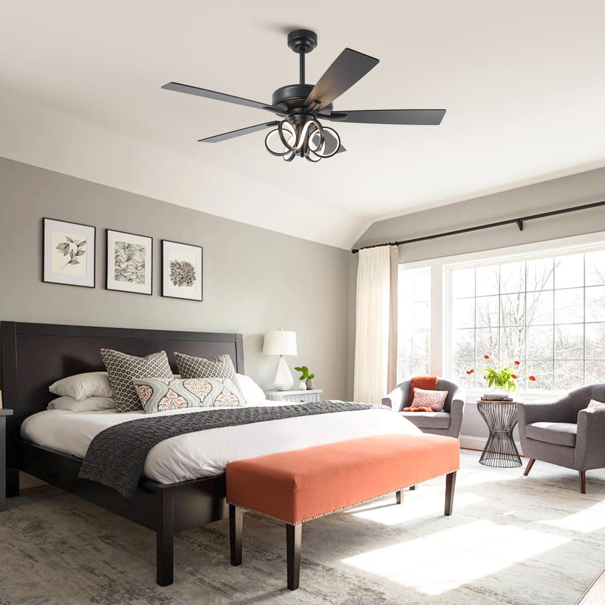 52 Inch Levi Double-sided Blades Downrod Mount LED Ceiling Fan with Remote Control