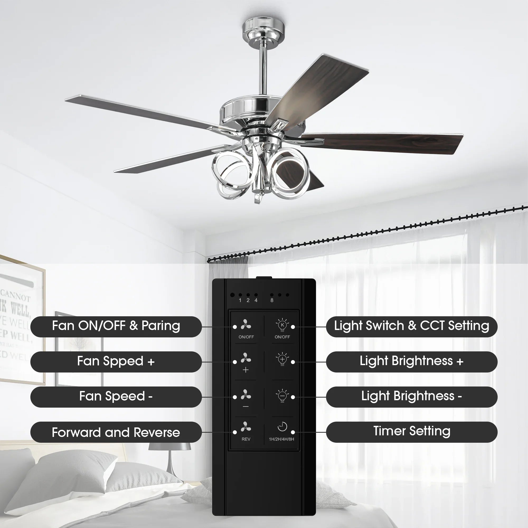 52 Inch Levi Double-sided Blades Downrod Mount LED Ceiling Fan with Remote Control