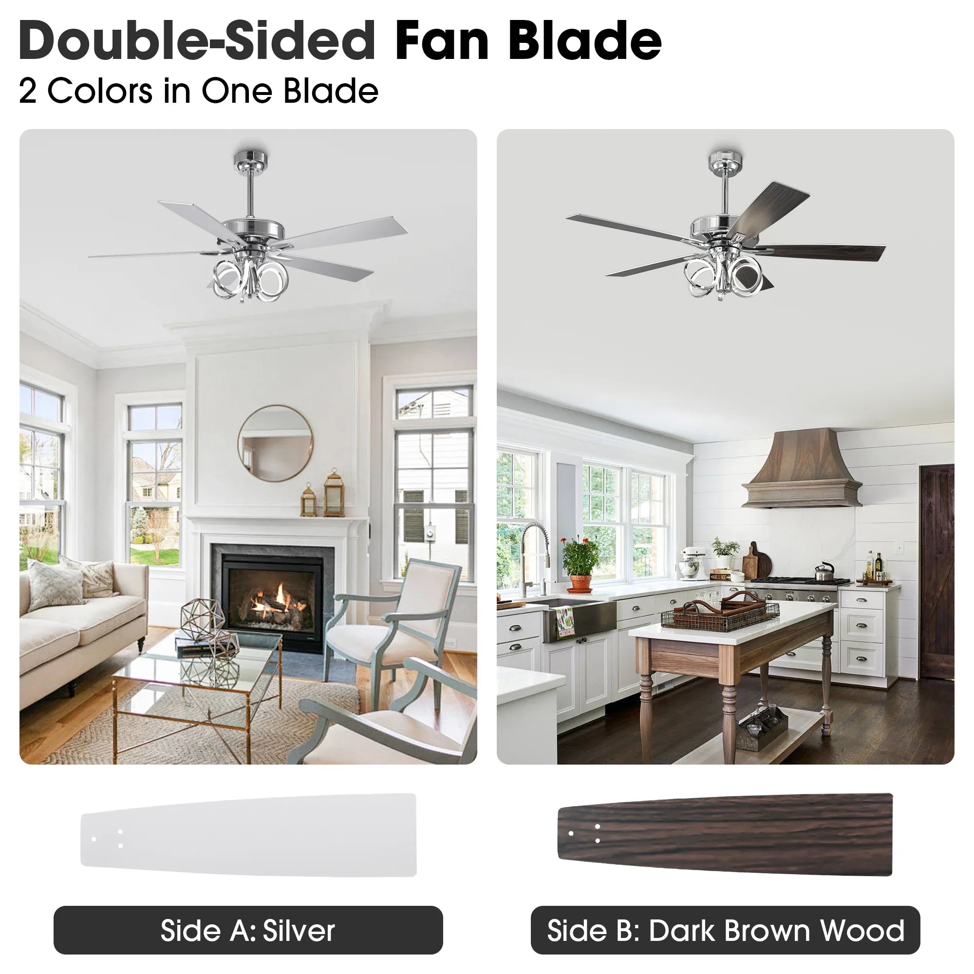 52 Inch Levi Double-sided Blades Downrod Mount LED Ceiling Fan with Remote Control
