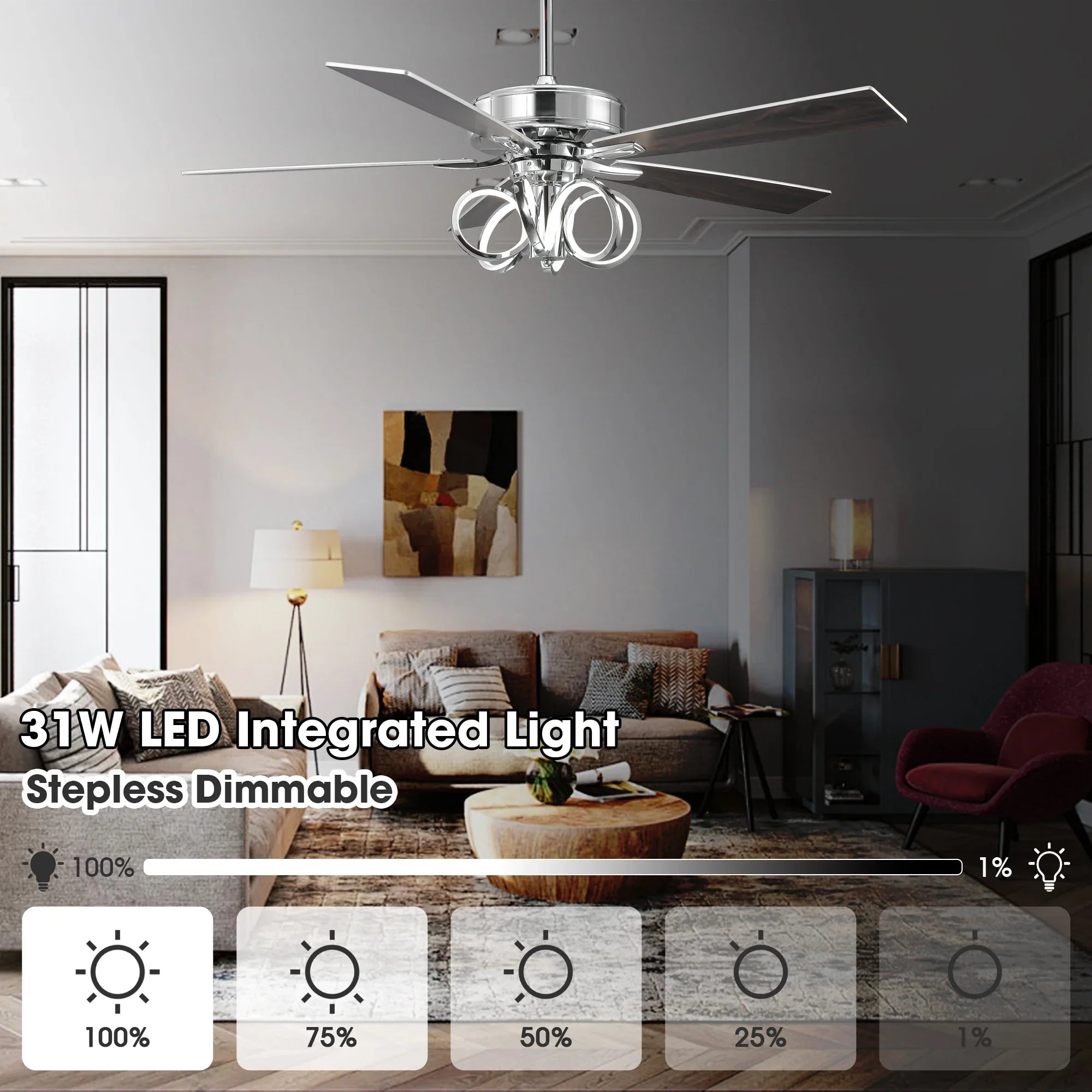 52 Inch Levi Double-sided Blades Downrod Mount LED Ceiling Fan with Remote Control