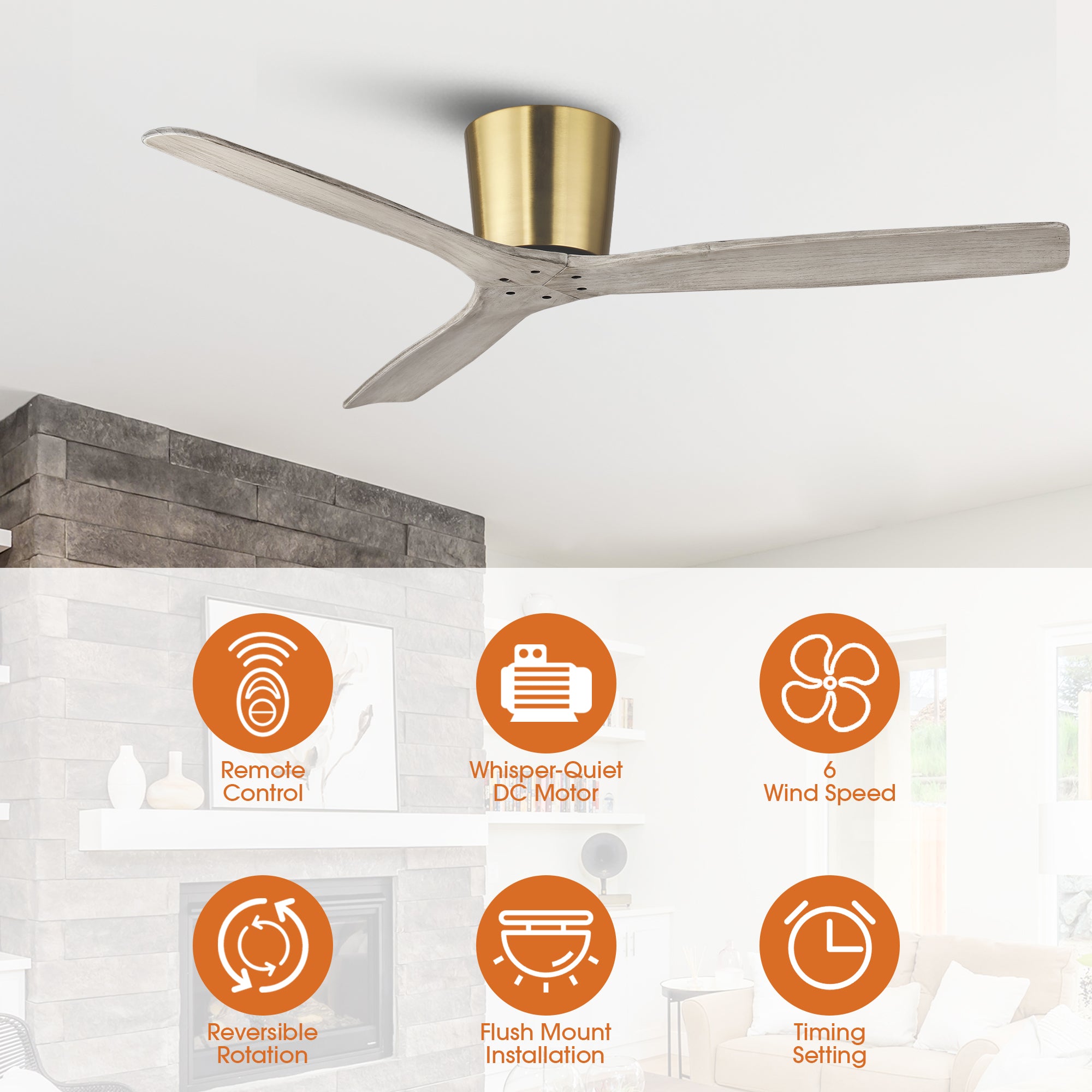 54 Inch Ward Solid Wood Blades Flush Mount Ceiling Fan with Remote Control