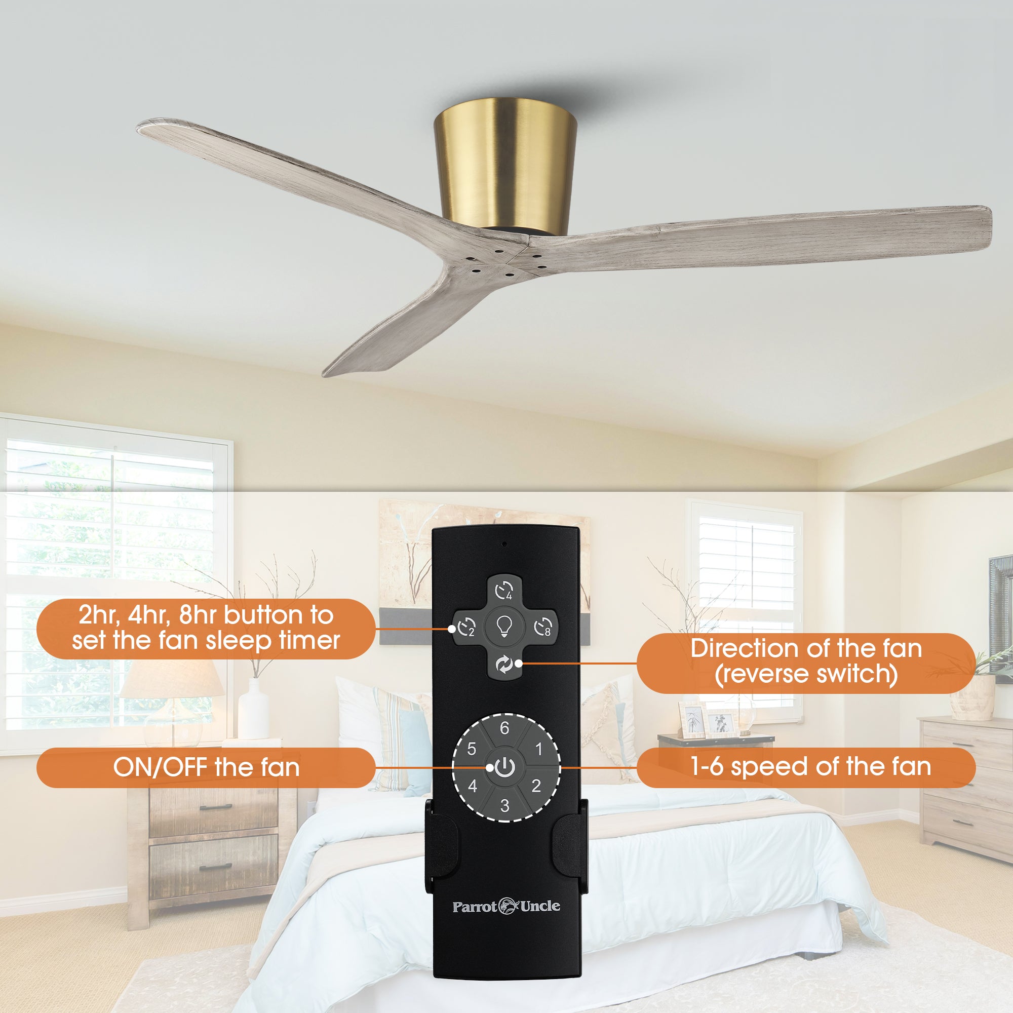 54 Inch Ward Solid Wood Blades Flush Mount Ceiling Fan with Remote Control