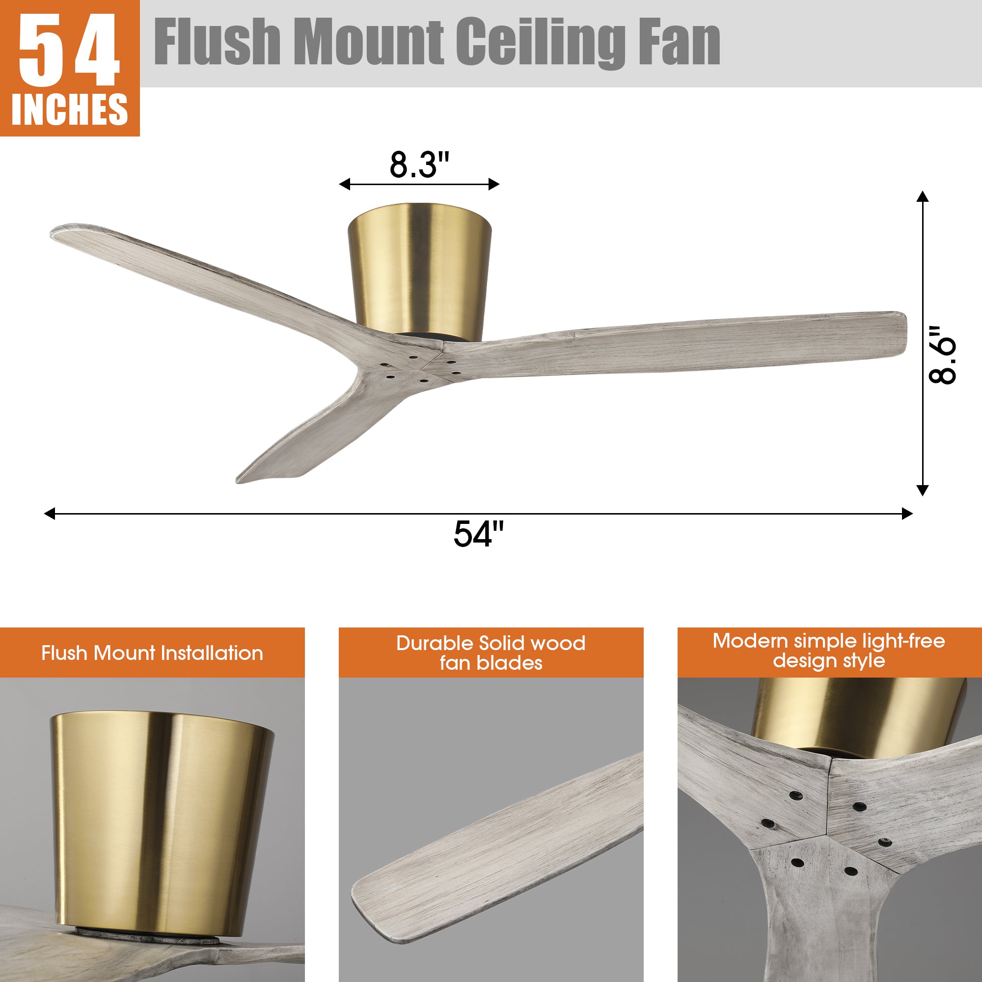54 Inch Ward Solid Wood Blades Flush Mount Ceiling Fan with Remote Control