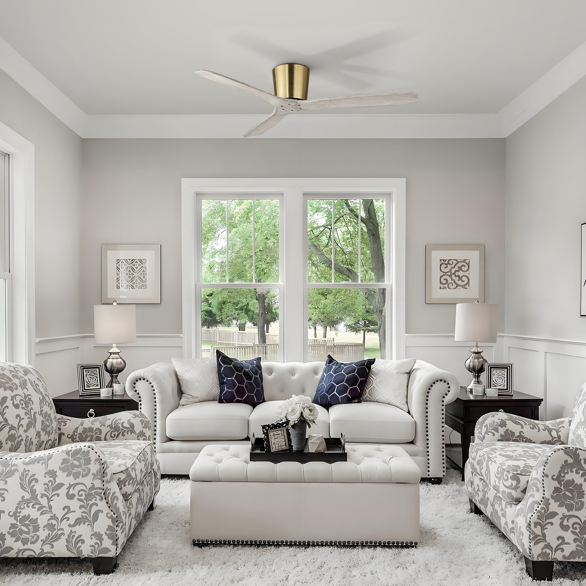 54 Inch Ward Solid Wood Blades Flush Mount Ceiling Fan with Remote Control