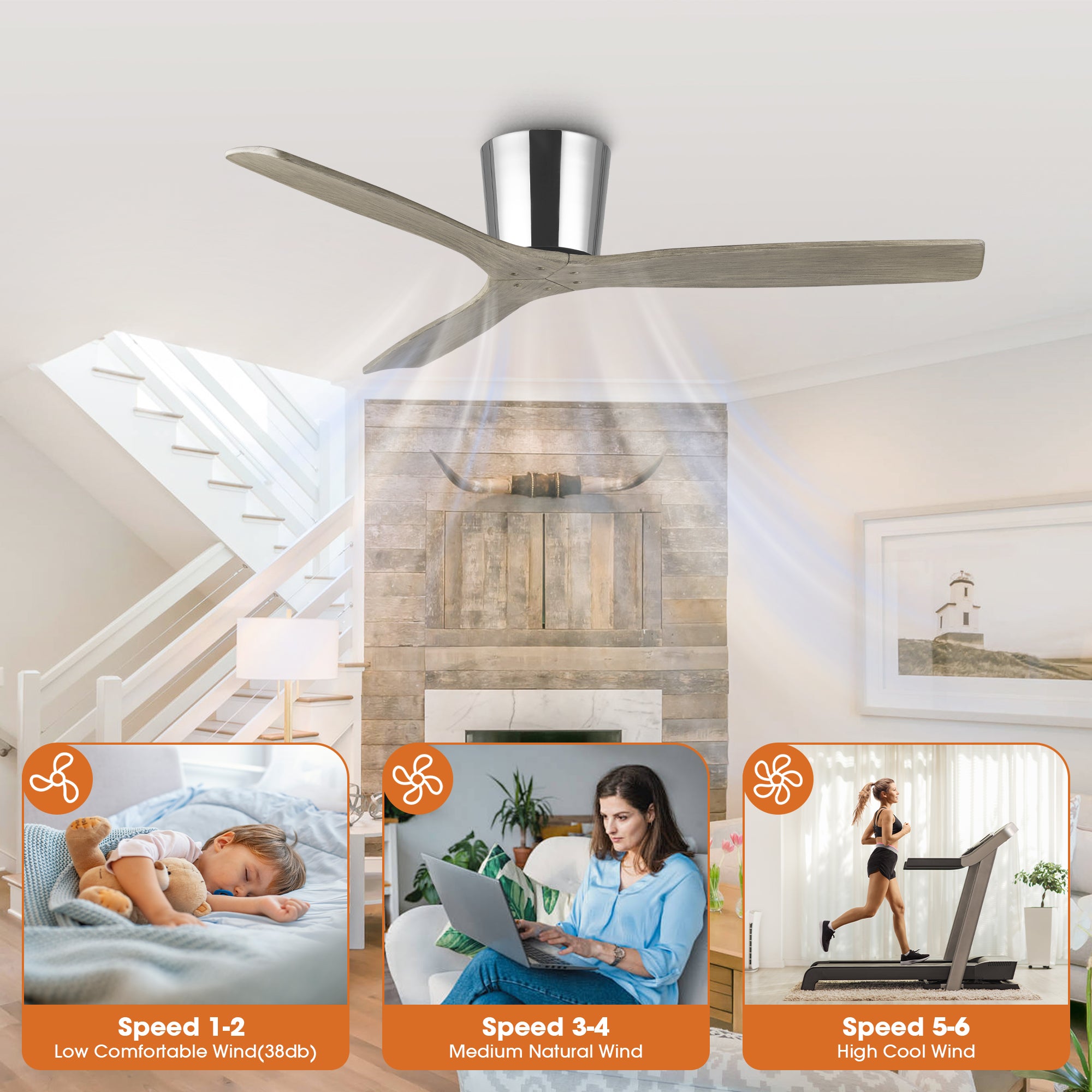 54 Inch Ward Solid Wood Blades Flush Mount Ceiling Fan with Remote Control