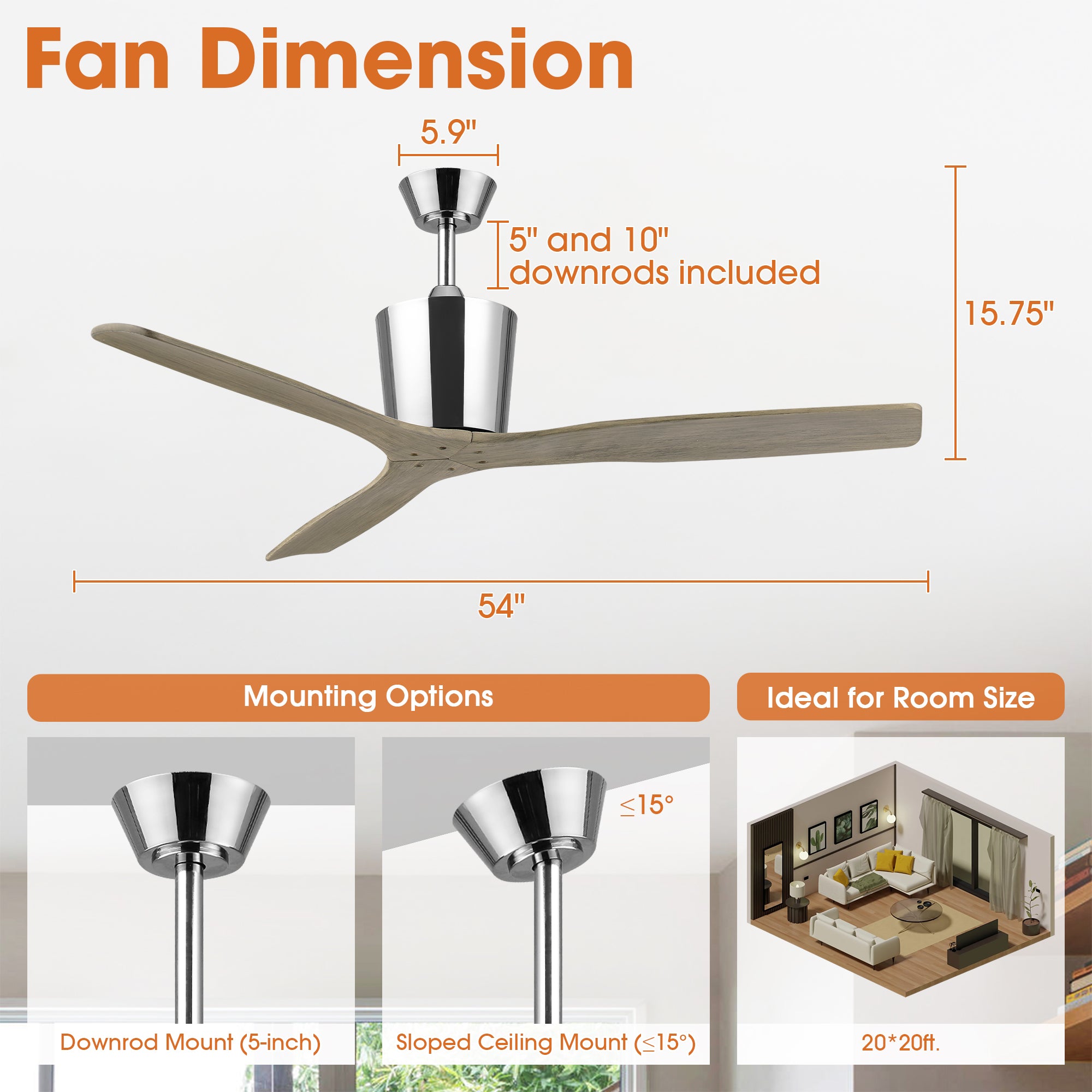 54 Inch Dylan Solid Wood Blades Downrod Mount Ceiling Fan with Remote Control