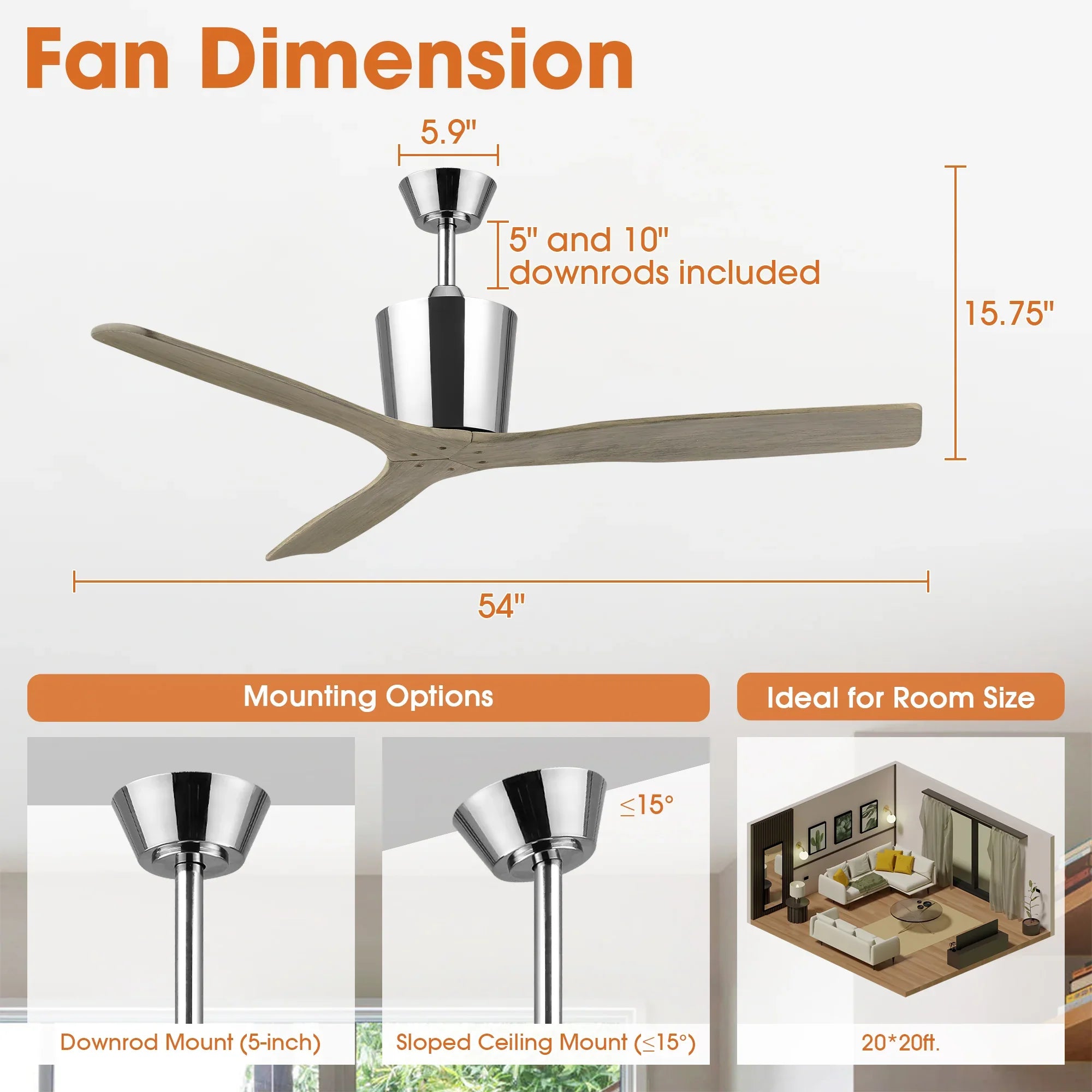 54 Inch Dylan Solid Wood Blades Downrod Mount Ceiling Fan with Remote Control