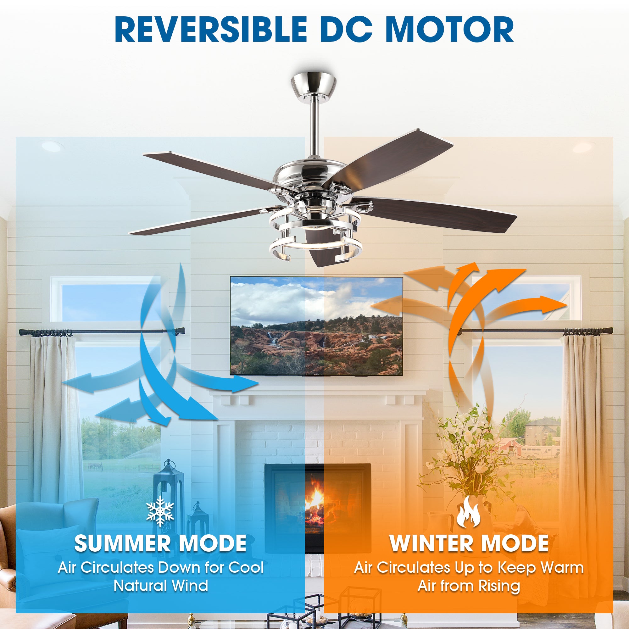 52 Inch Rita Double-sided Blades Downrod Mount LED Ceiling Fan with Remote Control