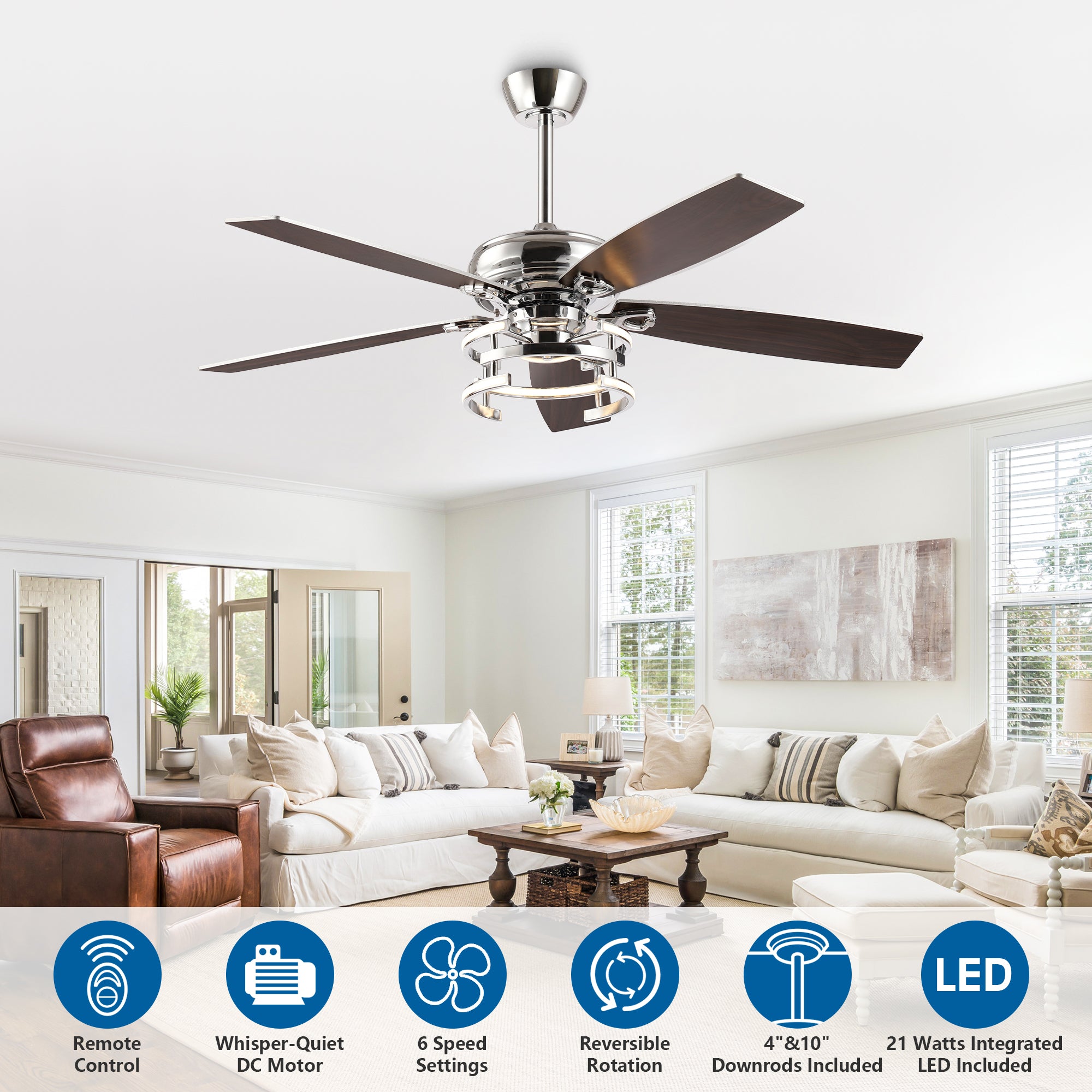 52 Inch Rita Double-sided Blades Downrod Mount LED Ceiling Fan with Remote Control