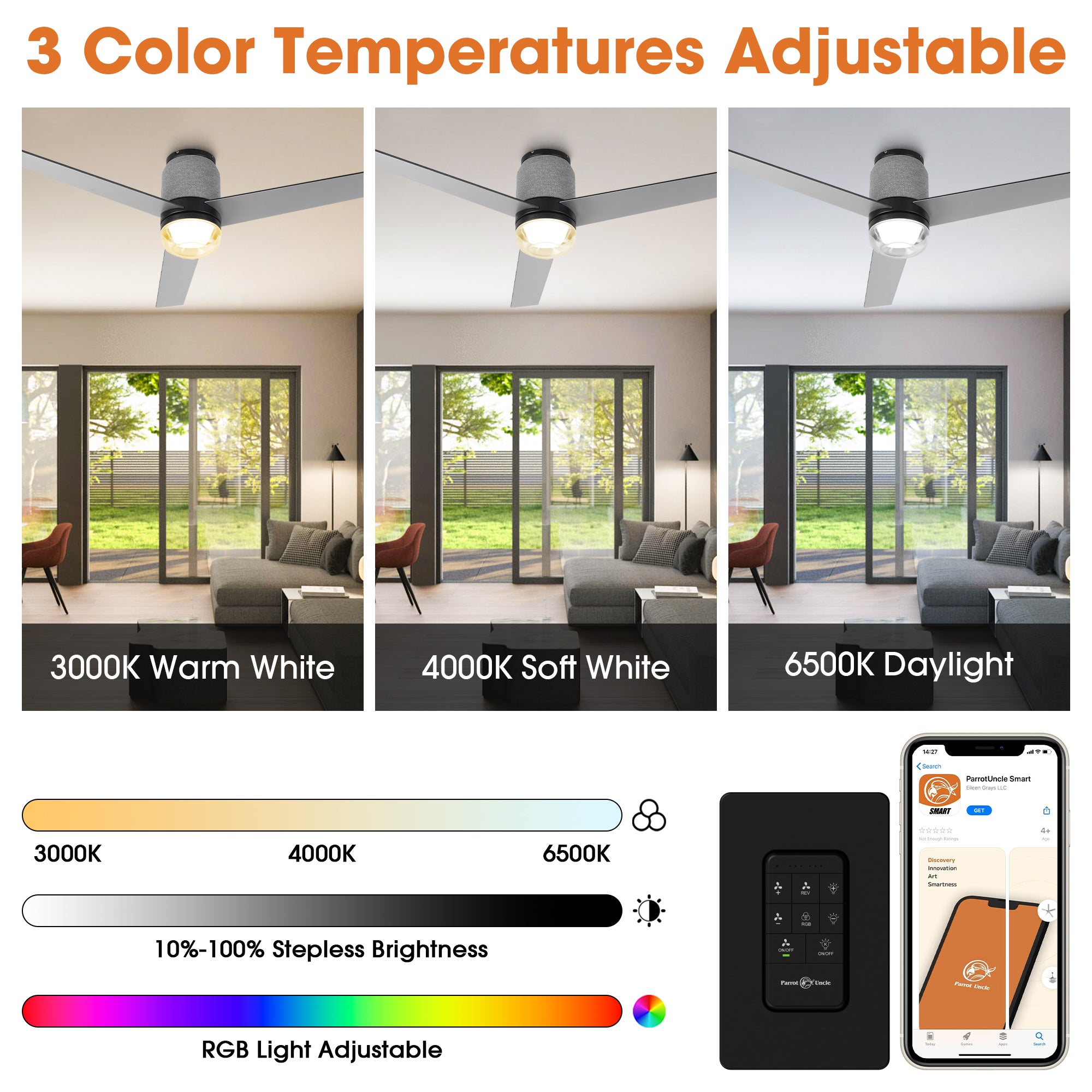 52 Inch Pearl Black RGB LED Smart Fan with Remote App and Voice Control