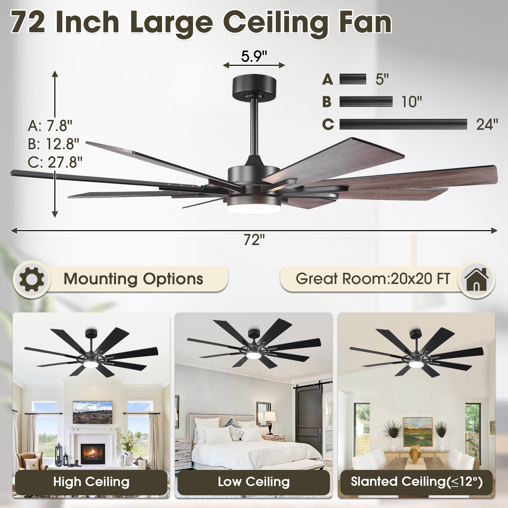 60 Inch 72 Inch Windmill Downrod Mount LED Ceiling Fan with Remote and APP Control