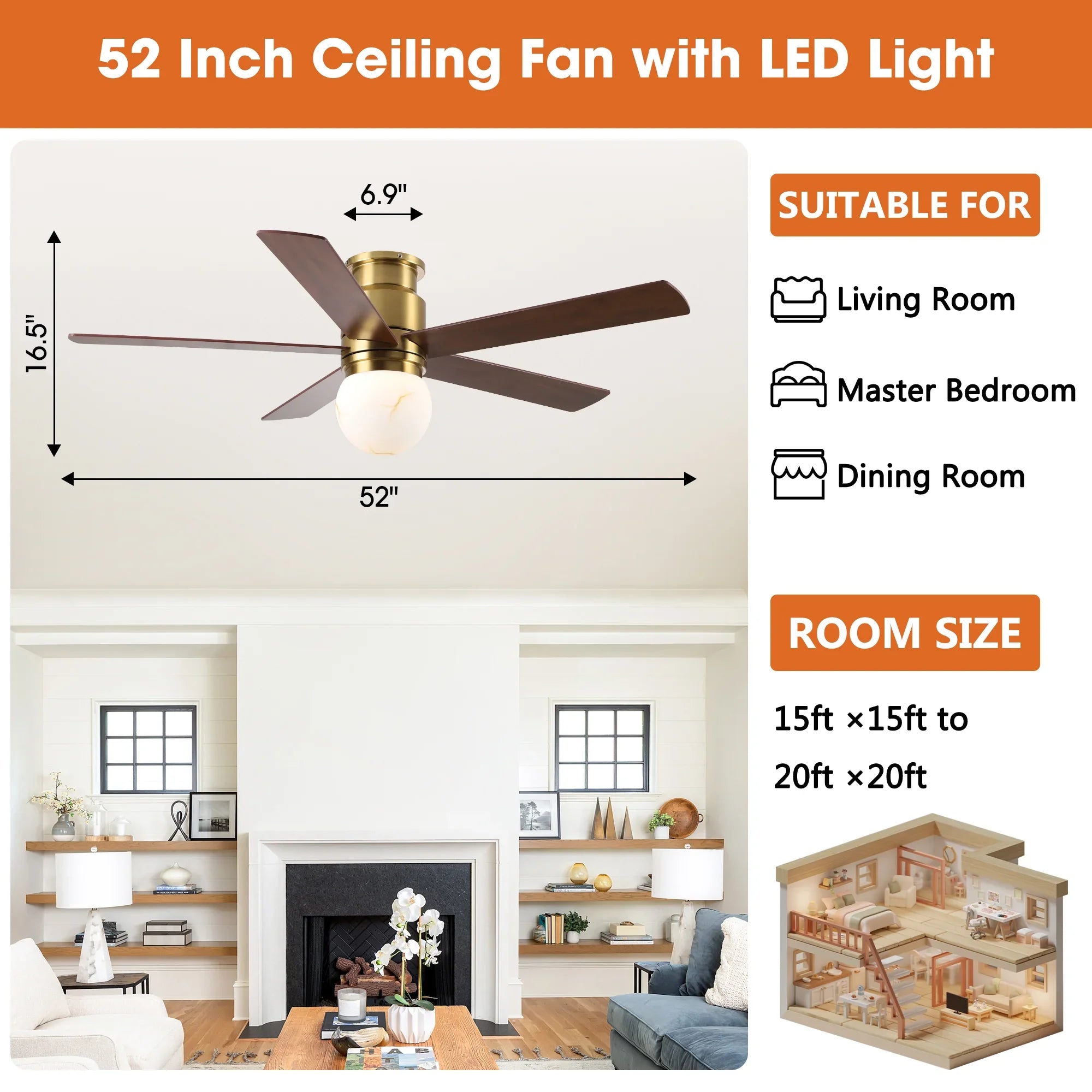 52 Inch Fanny Double-sided Blades Flush Mount LED Ceiling Fan with Remote Control