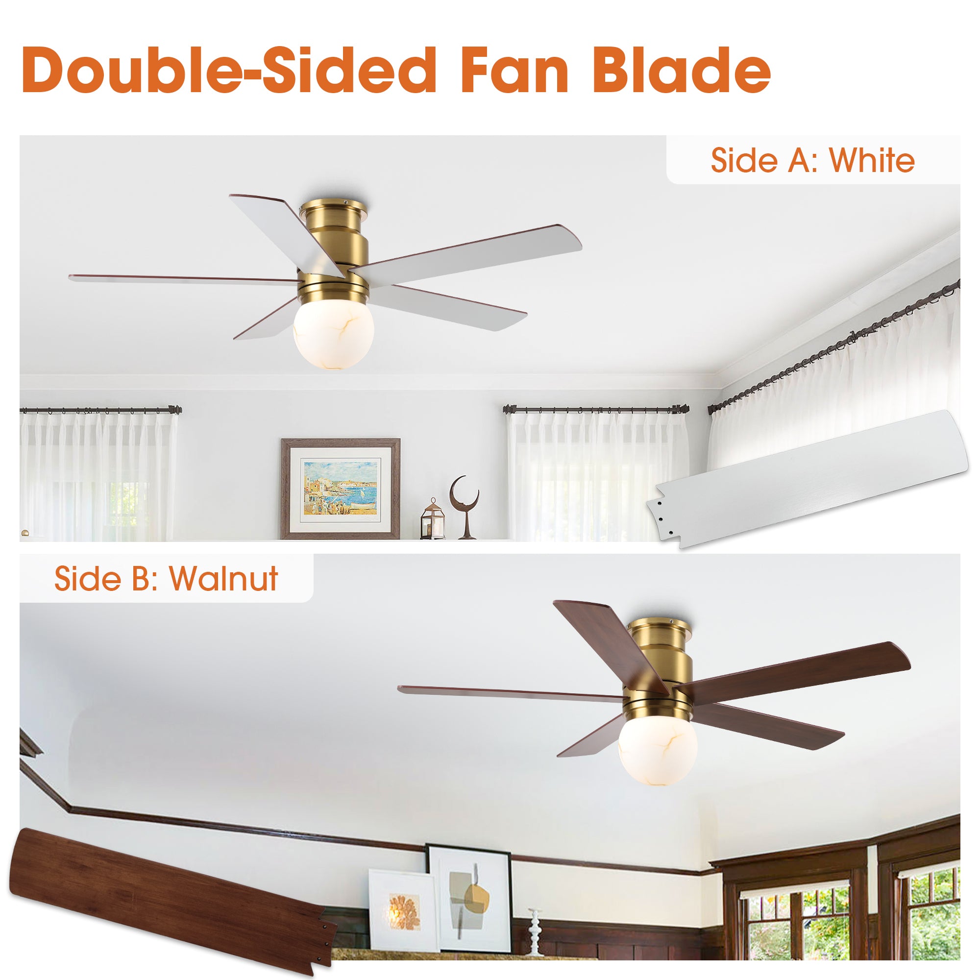 52 Inch Fanny Double-sided Blades Flush Mount LED Ceiling Fan with Remote Control