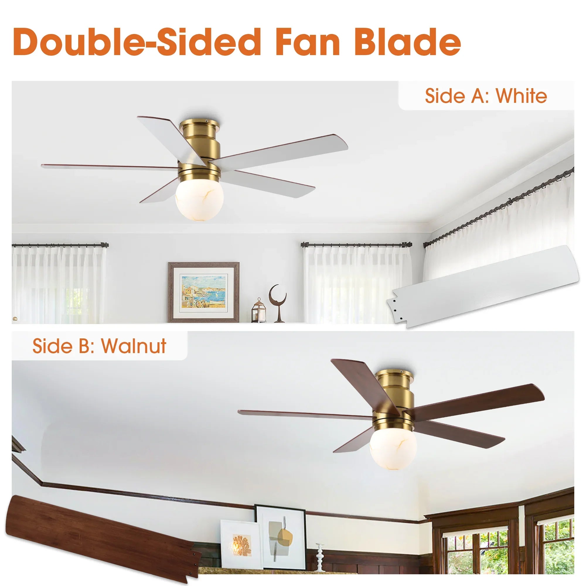 52 Inch Fanny Double-sided Blades Flush Mount LED Ceiling Fan with Remote Control