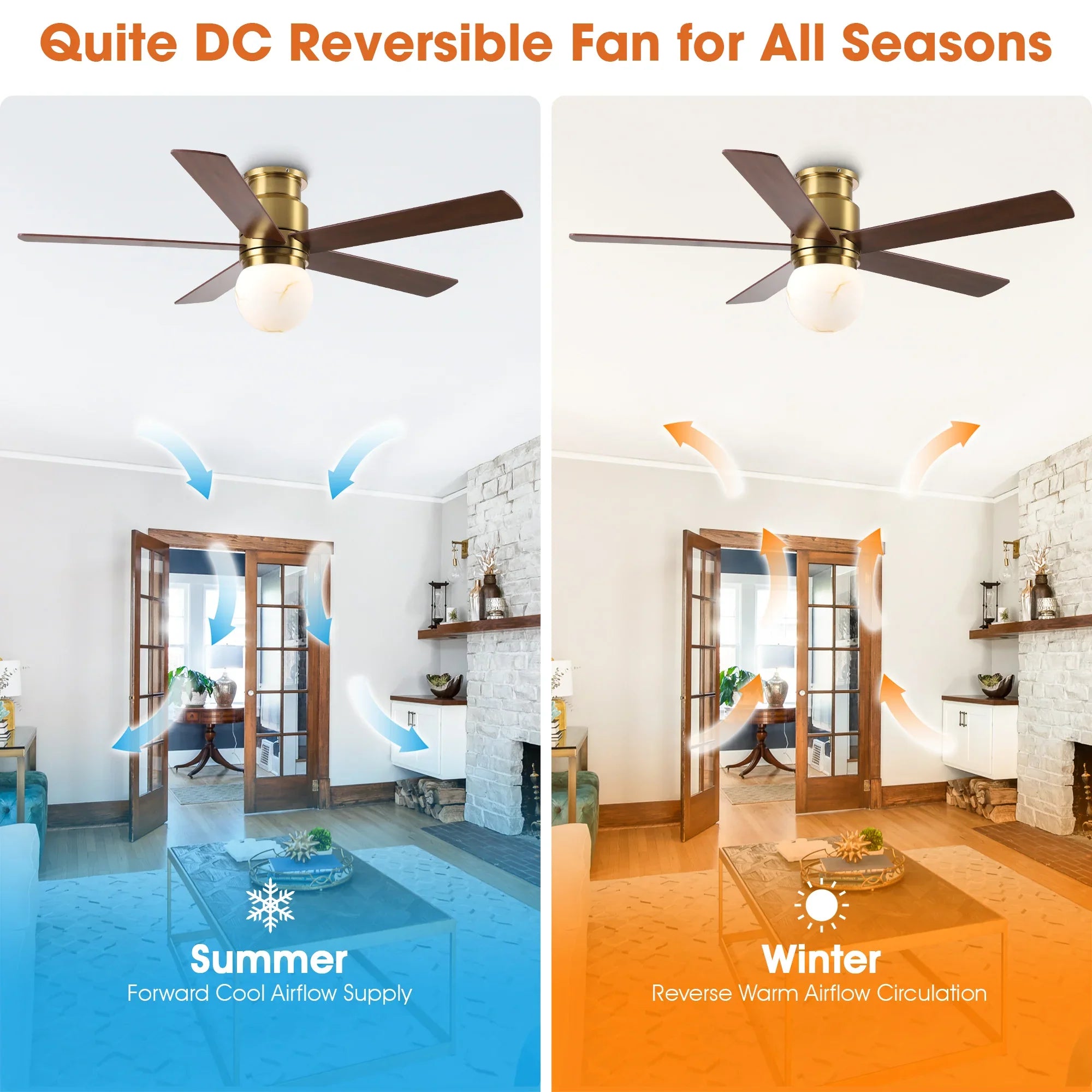 52 Inch Fanny Double-sided Blades Flush Mount LED Ceiling Fan with Remote Control