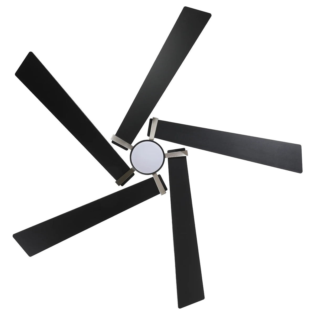 Modern five-blade black ceiling fan with a silver center hub.
